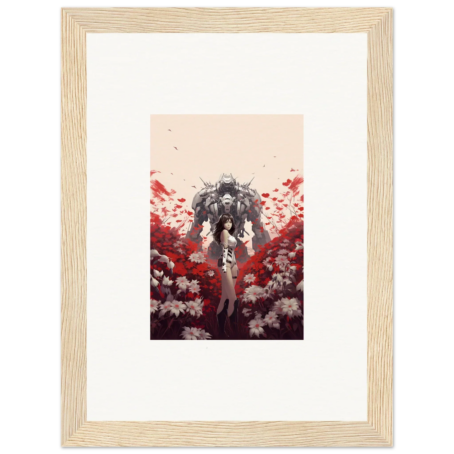 Framed canvas print of a figure with red and white flowers for boundary whimsy decoration