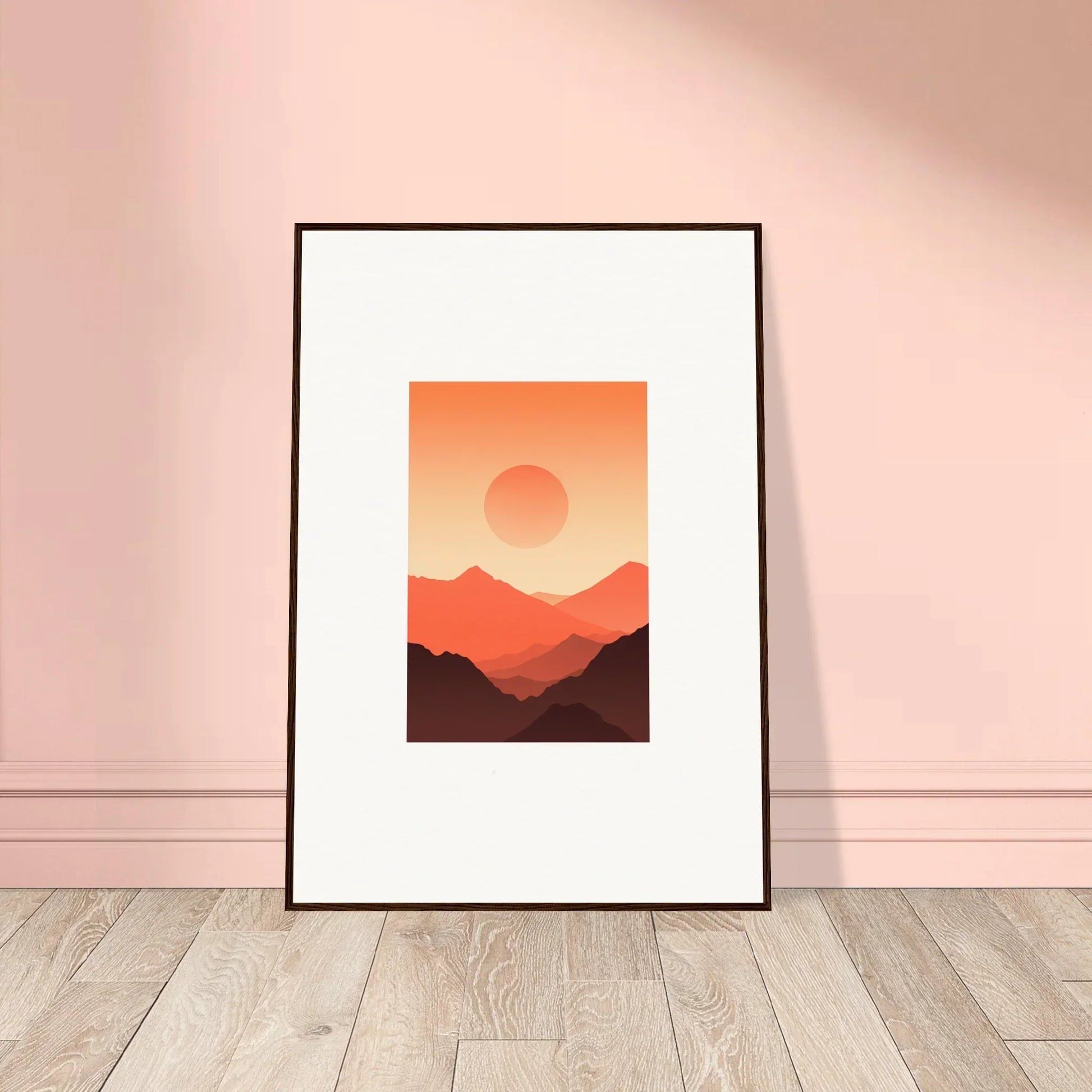 Framed wall art of a sunset over mountains, perfect for Monarch Glow room decor