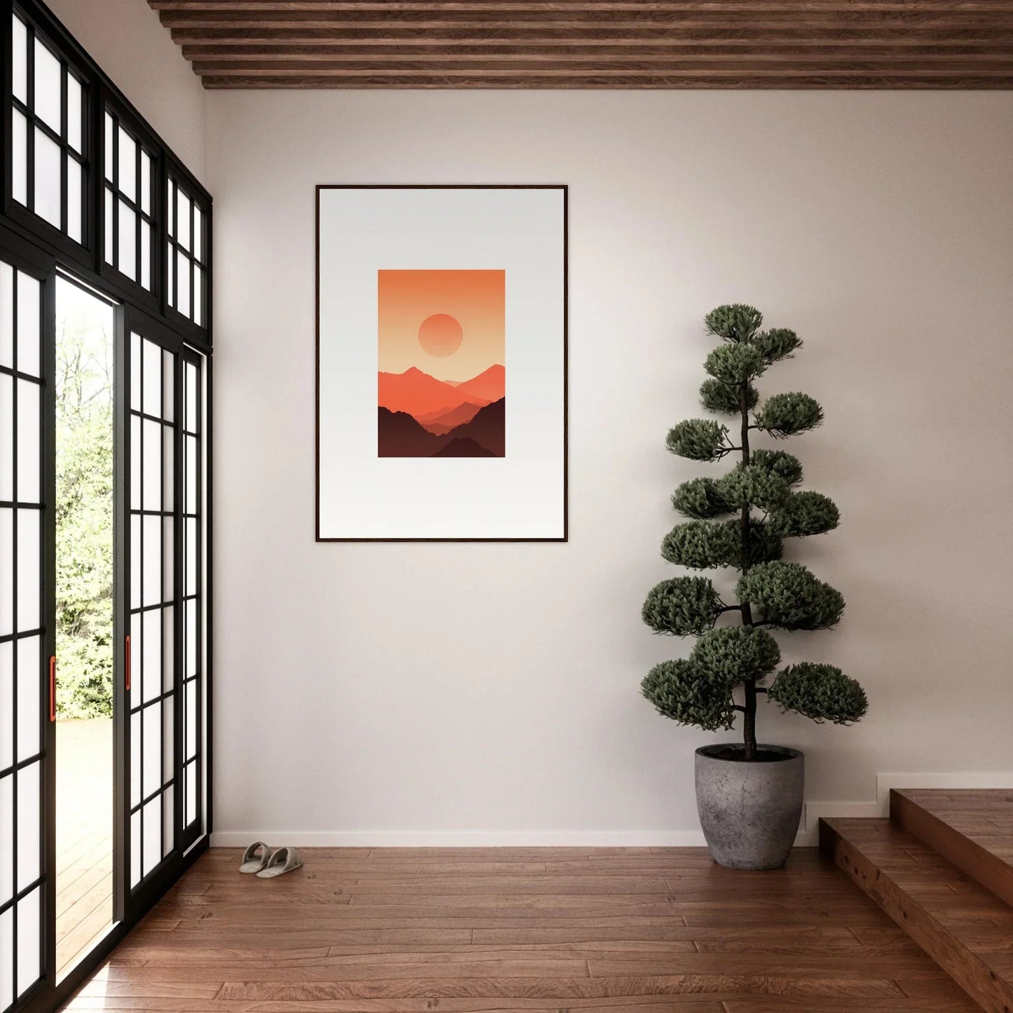Framed wall art of a sunset over mountains in warm tones for stunning room decor