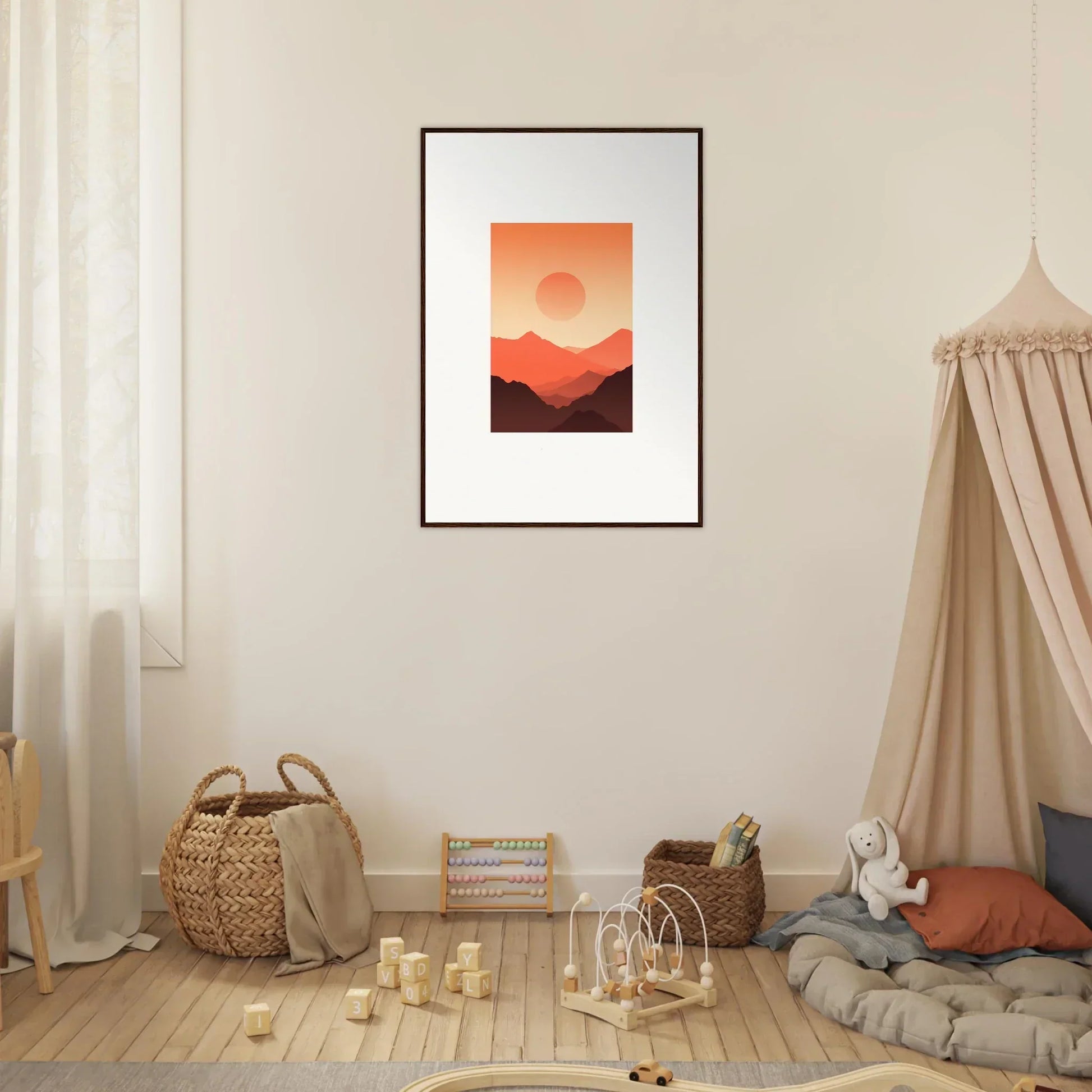Framed wall art of sunset over mountains, perfect for Monarch Glow room decor