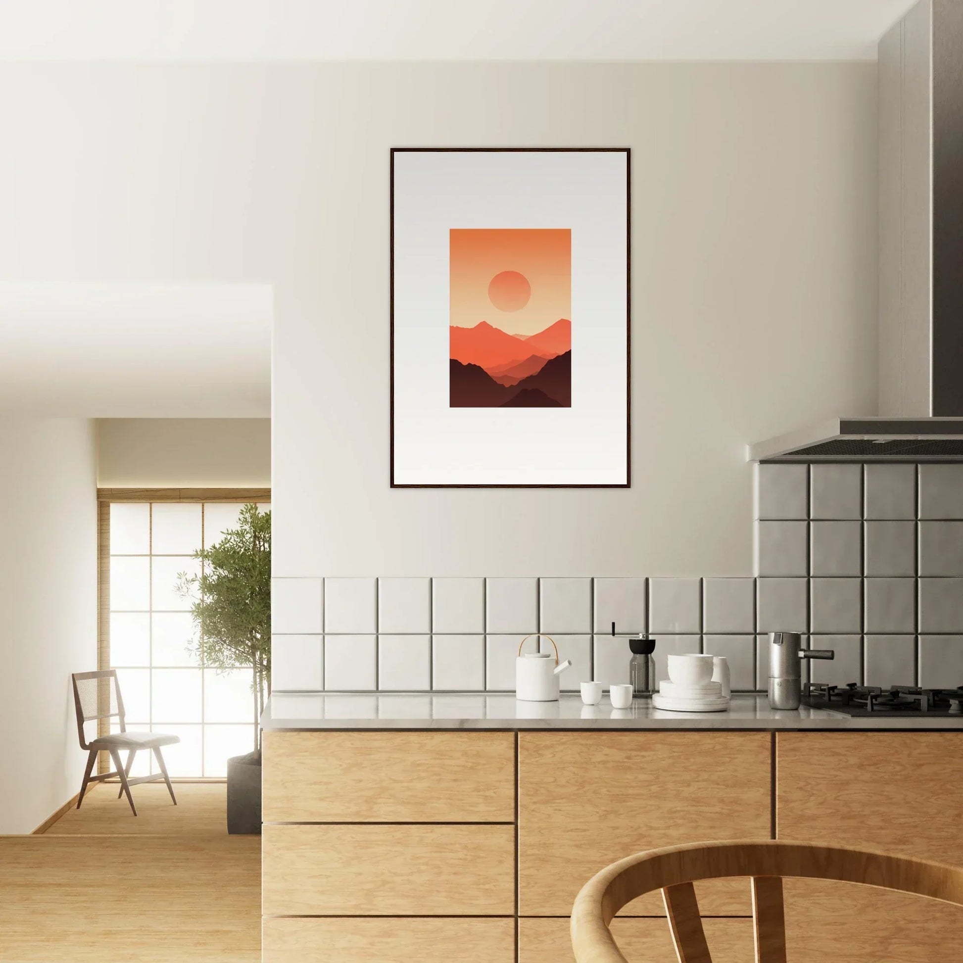 Framed wall art of a sunset over mountains, perfect monarch glow room decor