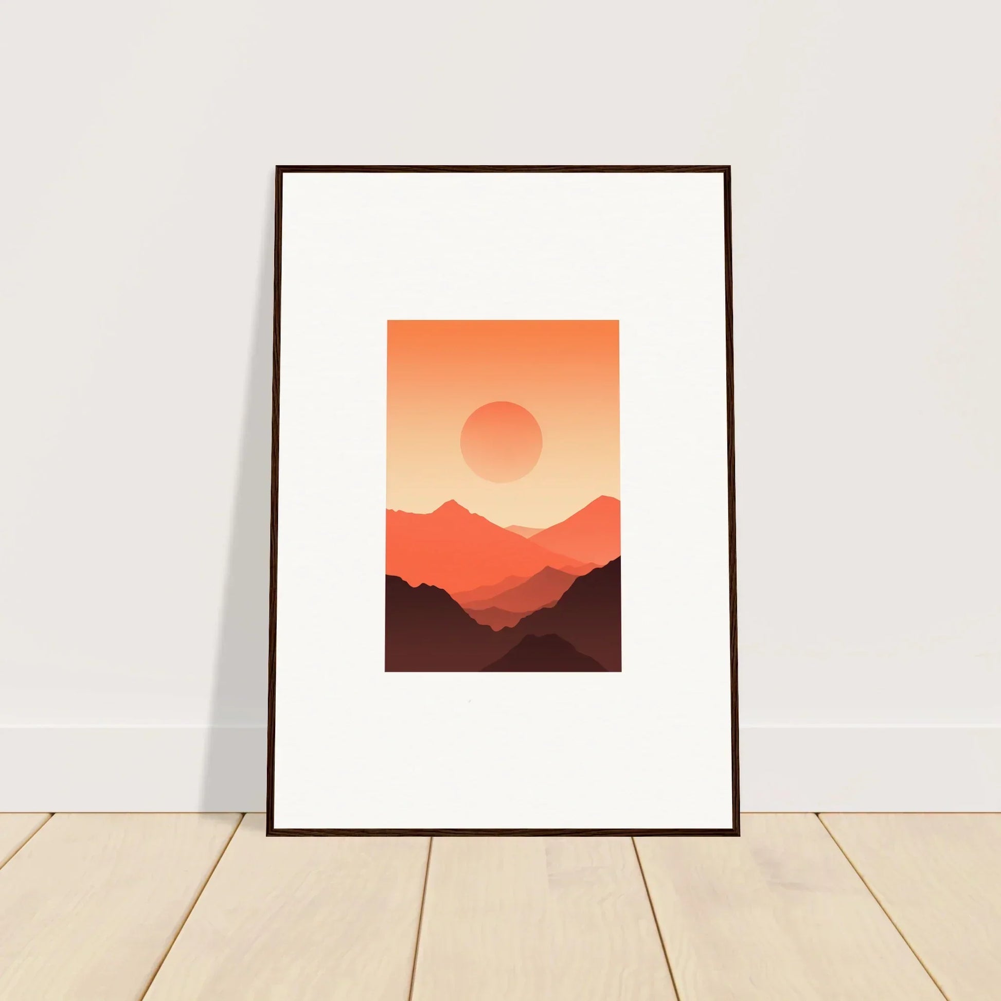 Framed wall art of a minimalist sunset landscape with Monarch Glow colors for room decor