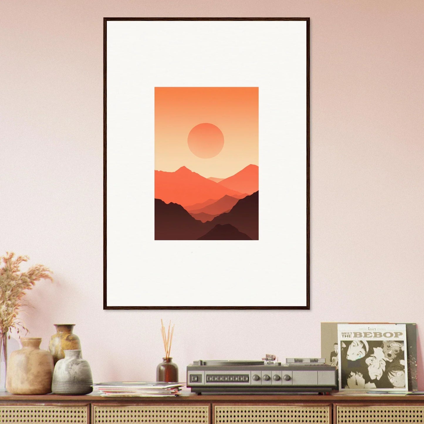 Framed wall art of a minimalist sunset landscape for stylish room decor featuring Monarch Glow