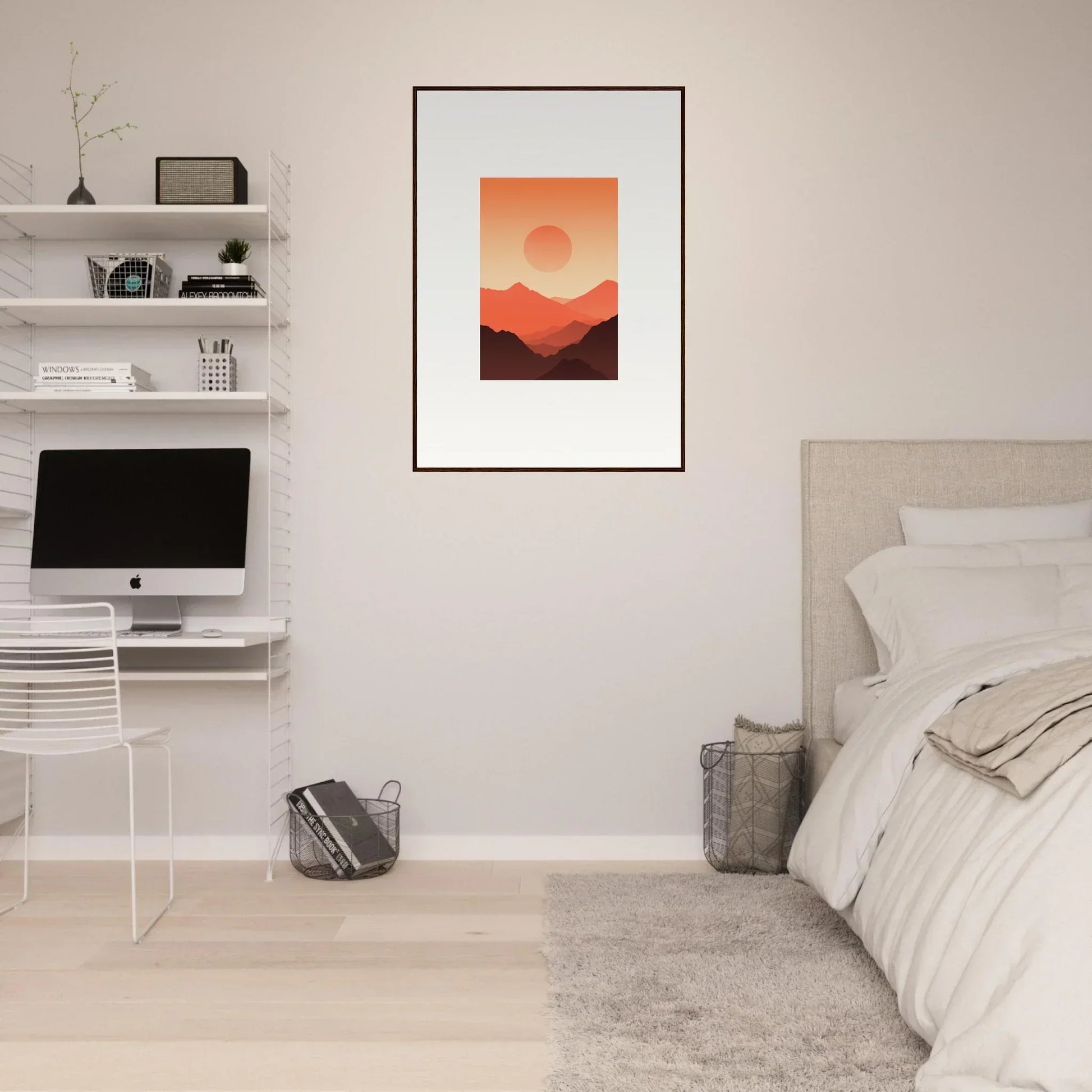 Framed wall art of a sunset over mountains in warm tones for elegant room decor