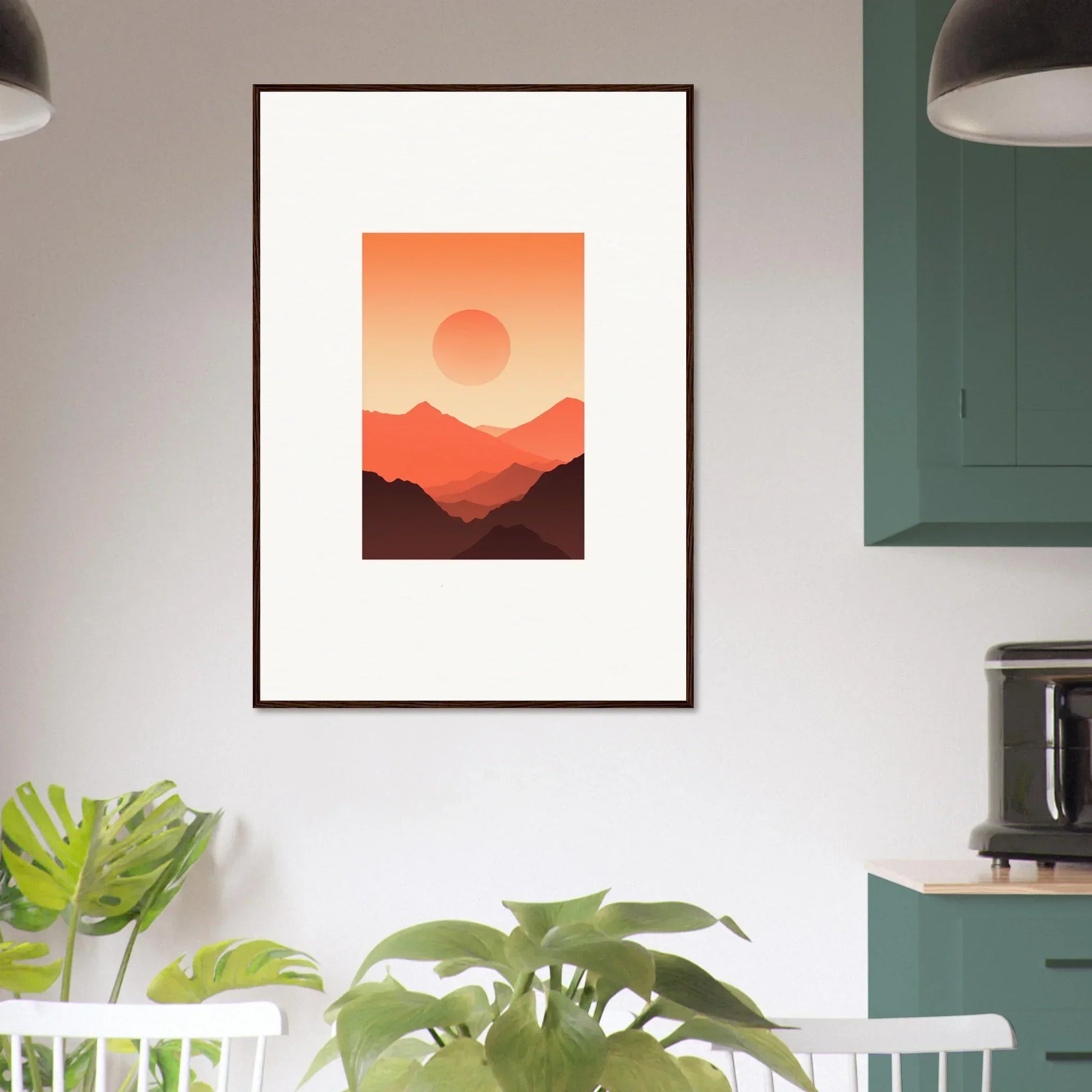 Framed wall art featuring a minimalist sunset landscape with Monarch Glow design