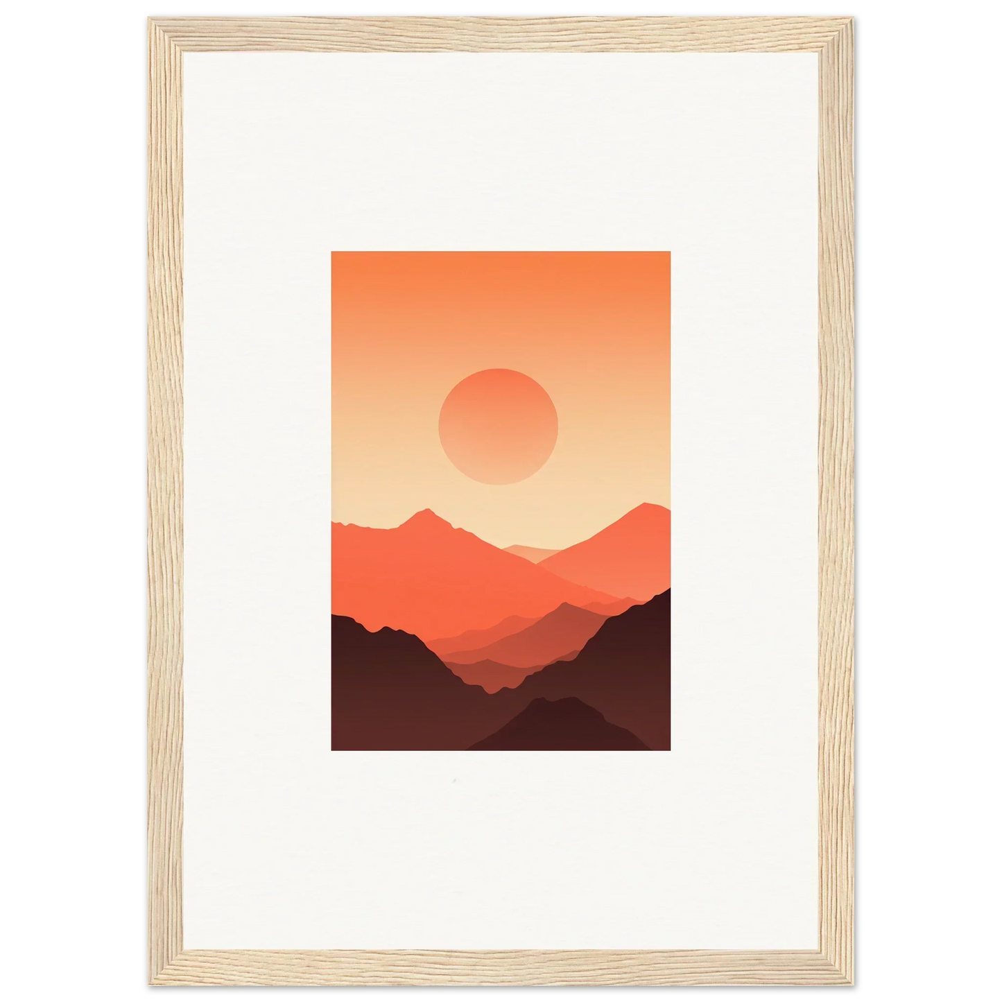 Framed wall art of a sunset over mountains in warm tones for elegant room decor