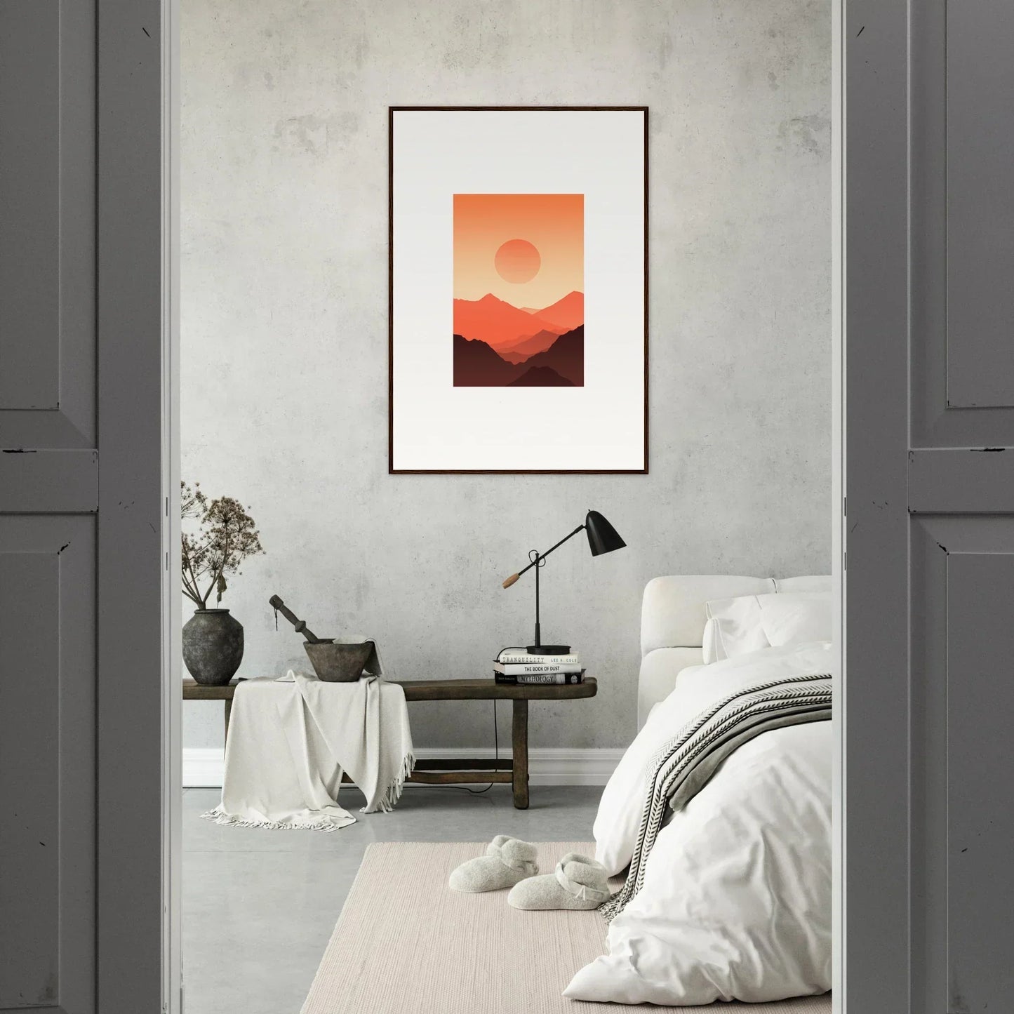 Framed wall art of a warm sunset over mountains for elegant room decor, Monarch Glow