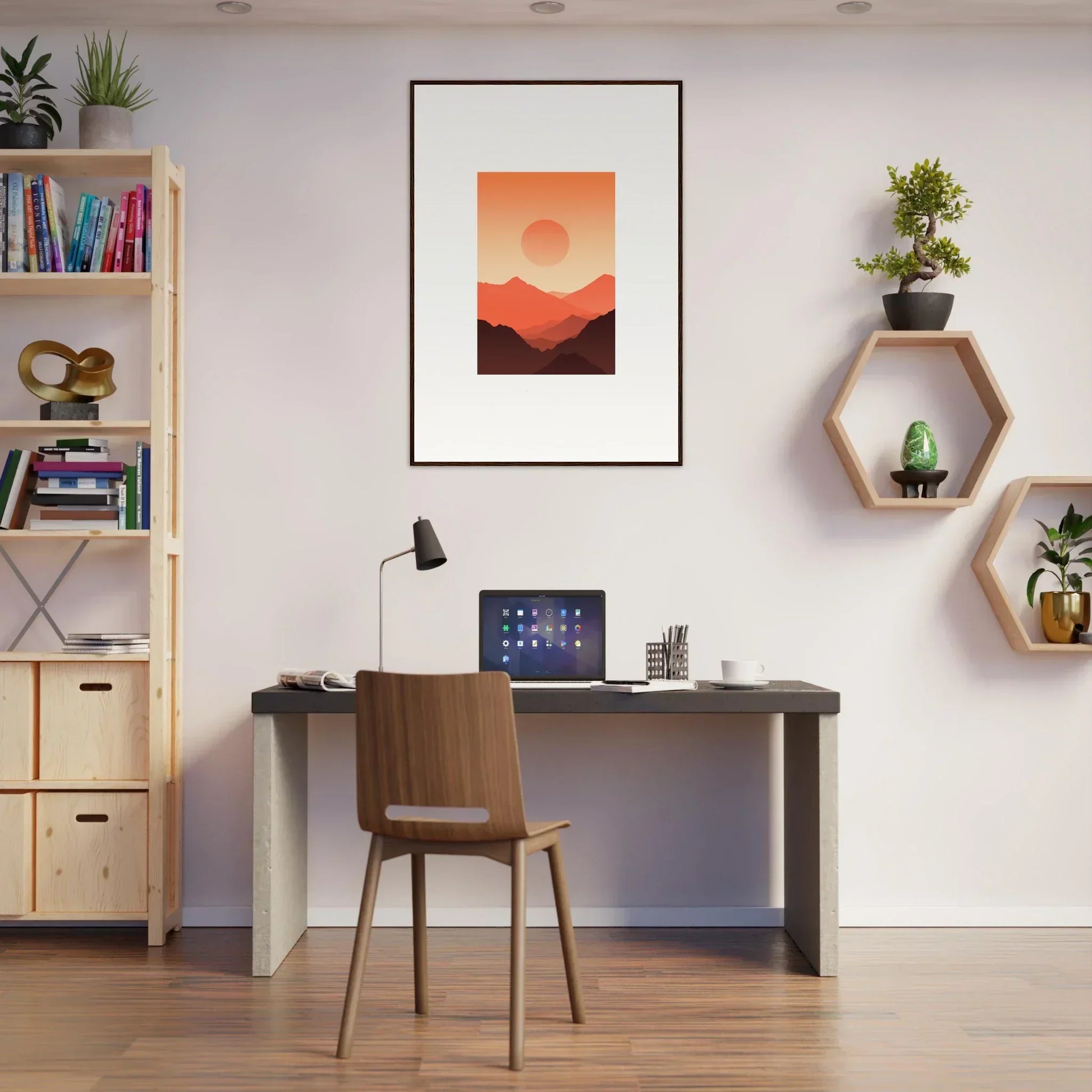Modern home office with Monarch Glow decor, stylish desk, chair, and framed wall art