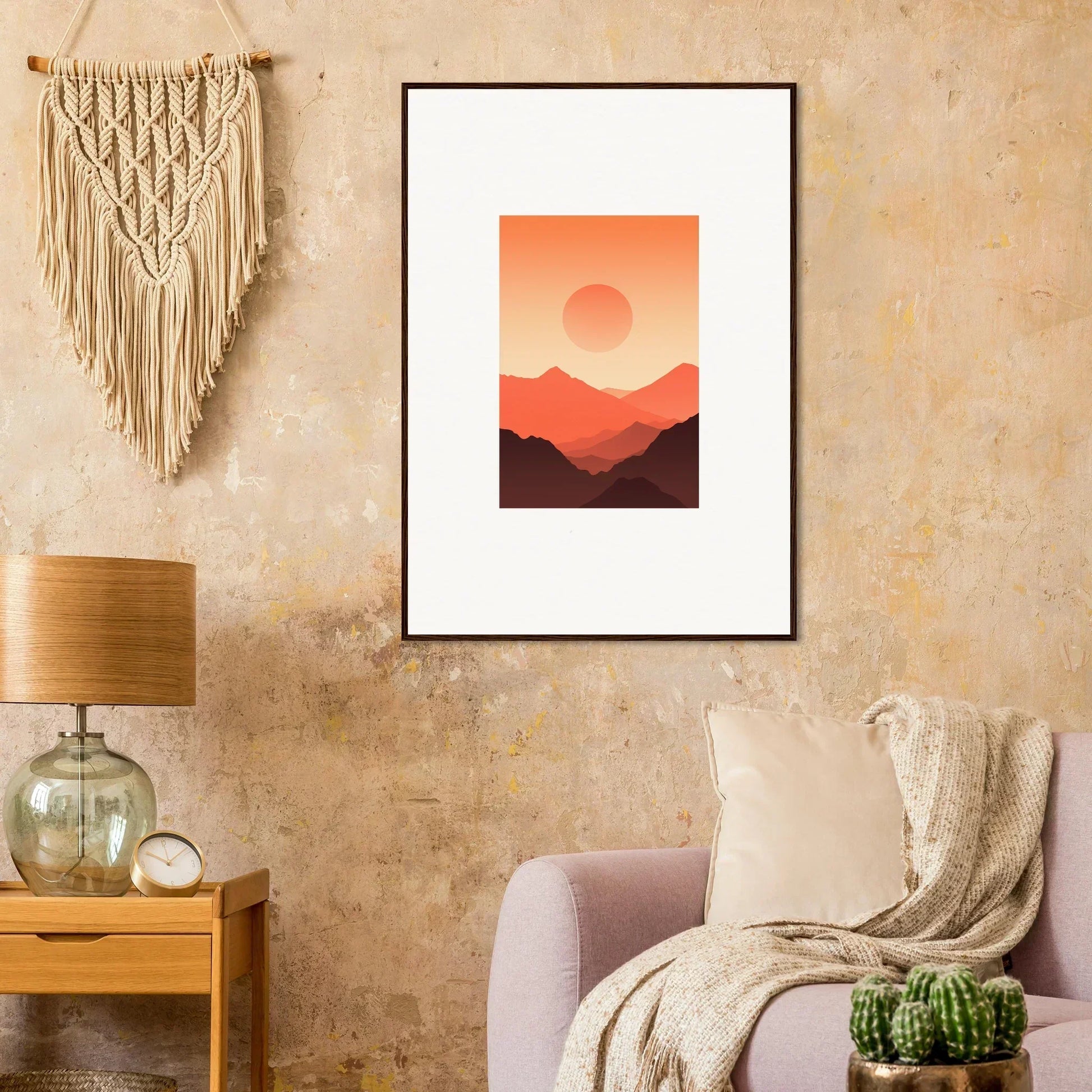 Framed wall art of a sunset over mountains with warm tones for stylish room decor
