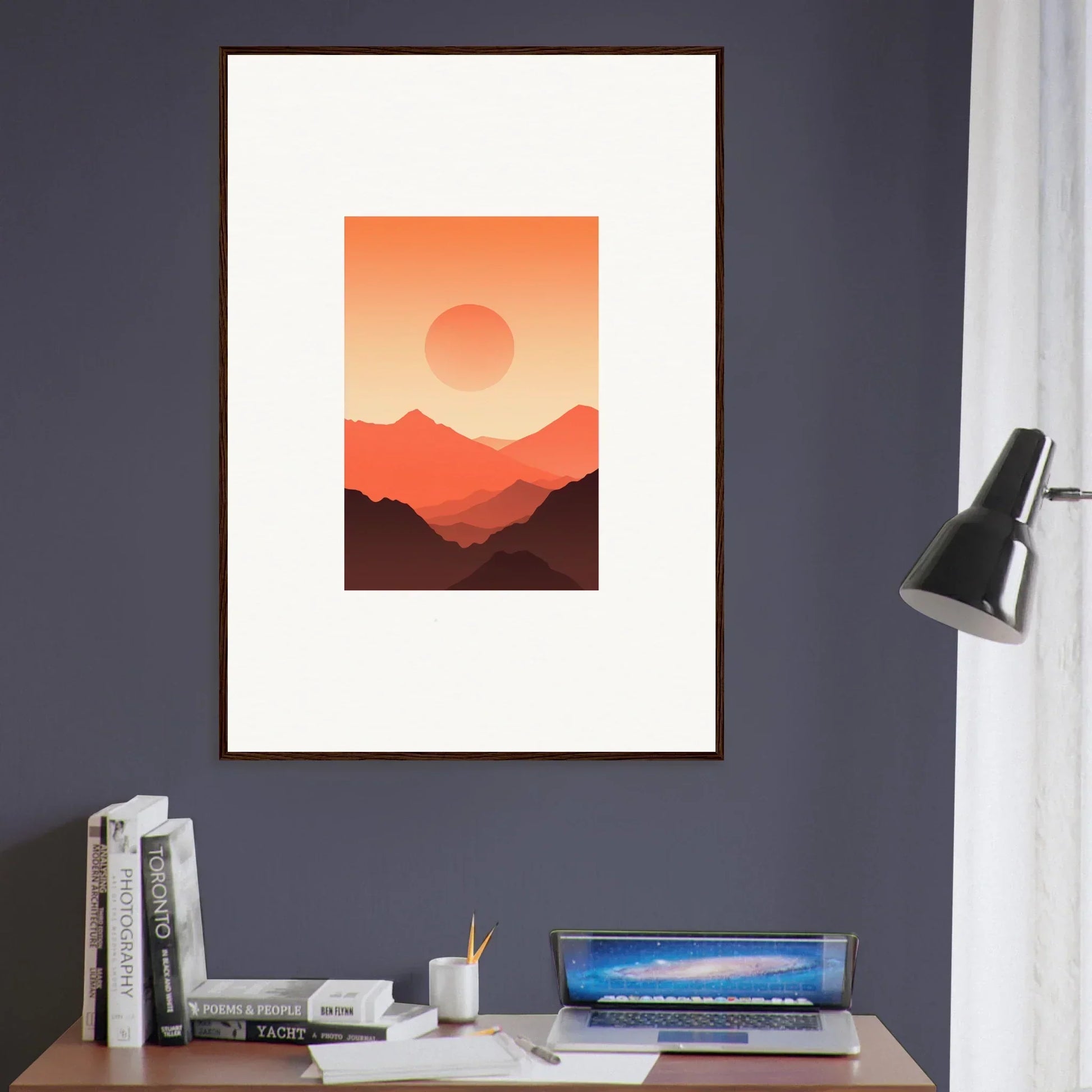 Framed wall art of a minimalist sunset landscape featuring Monarch Glow colors
