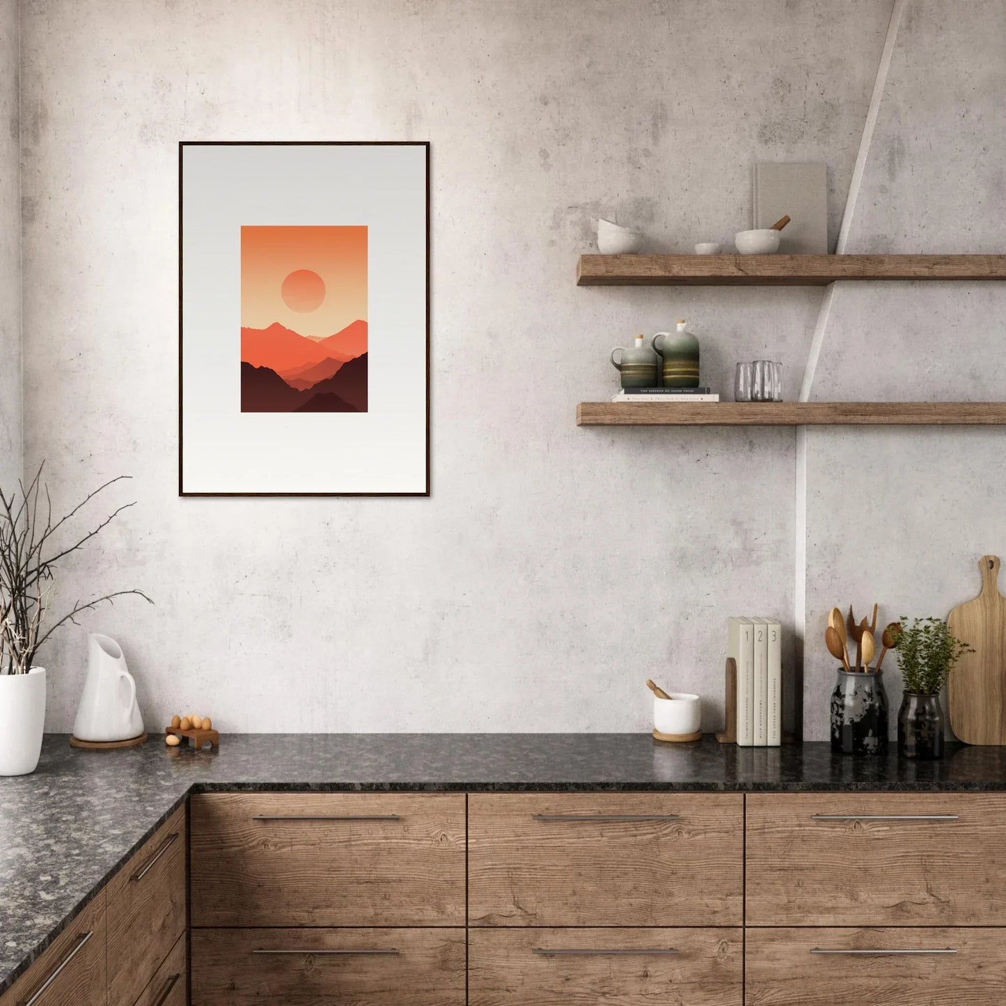 Framed minimalist artwork of sunset mountains for stylish room decor, Monarch Glow