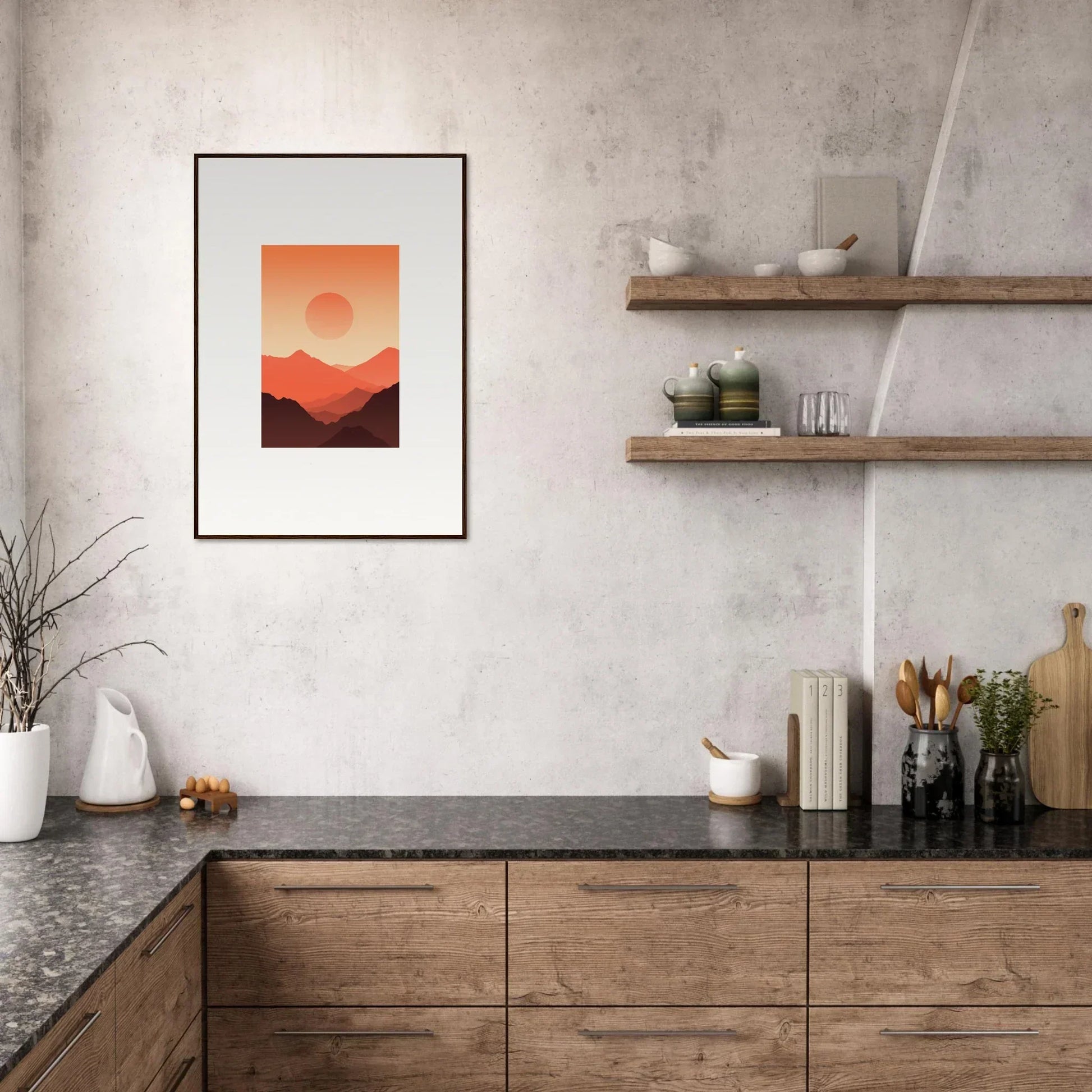 Framed minimalist artwork of sunset mountains for stylish room decor, Monarch Glow