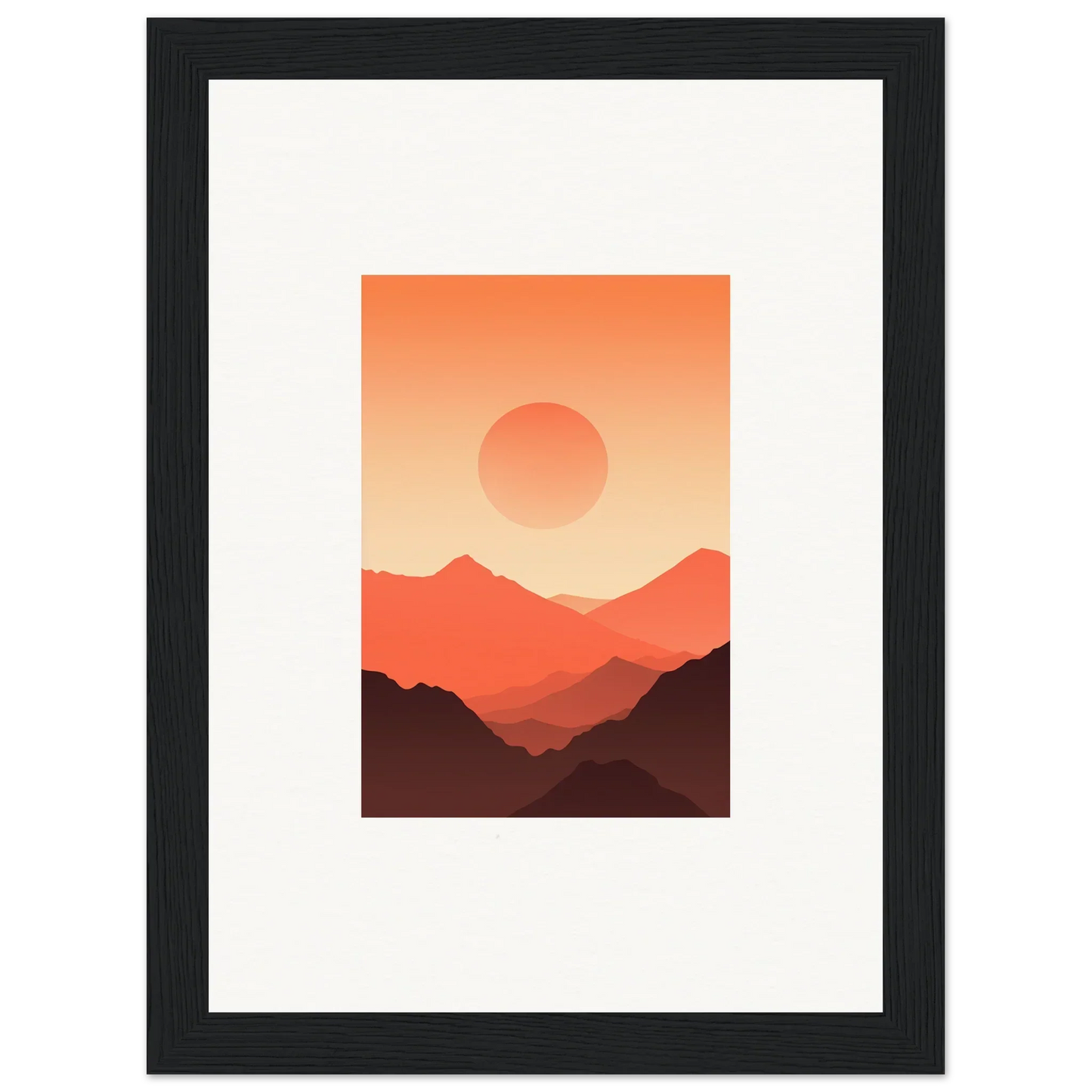 Framed wall art of a sunset over mountains, enhancing room decor with Monarch Glow colors