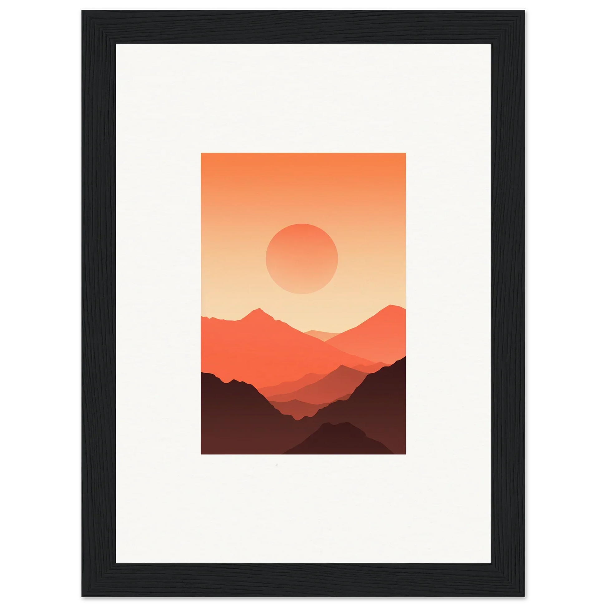 Framed wall art of a sunset over mountains, enhancing room decor with Monarch Glow colors