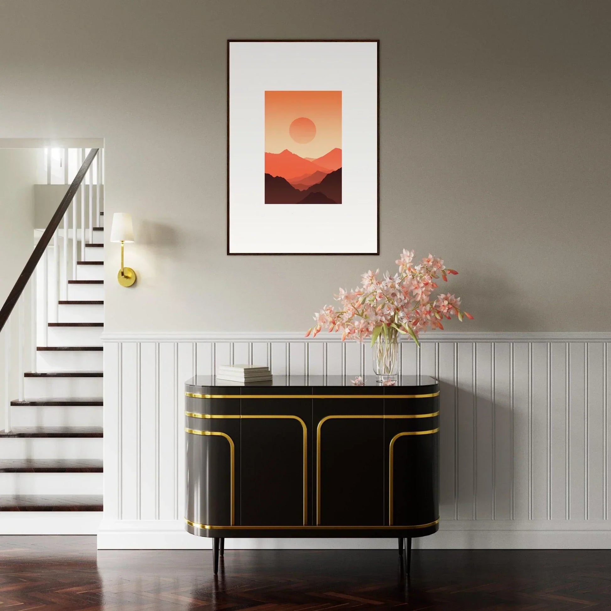Framed wall art featuring minimalist sunset with Monarch Glow mountain silhouettes