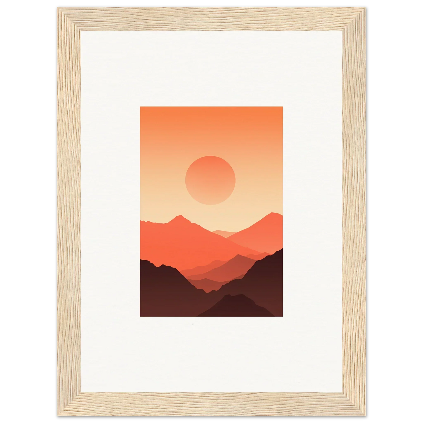 Framed wall art of a sunset over mountains, enhancing room decor with Monarch Glow