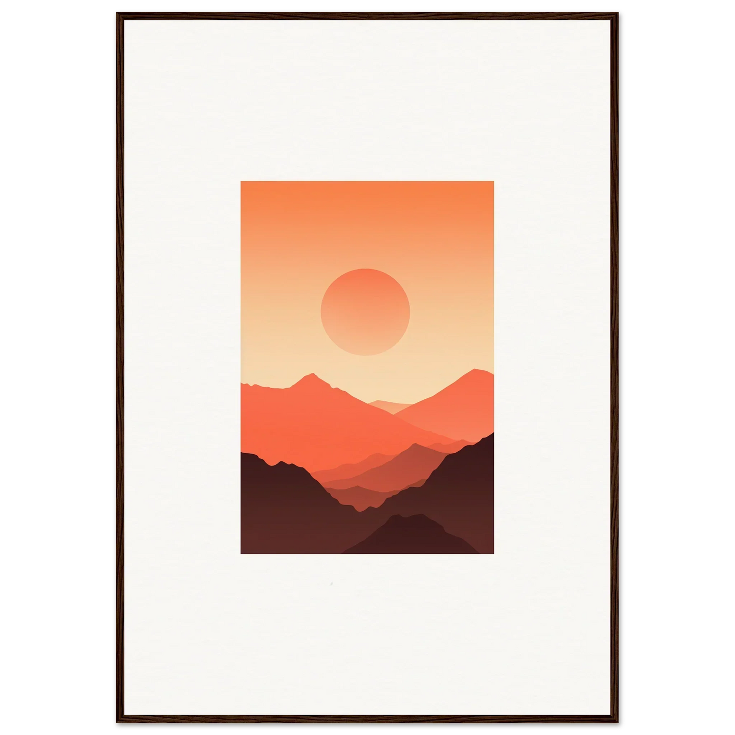 Framed minimalist artwork of a sunset over mountains for elegant room decor