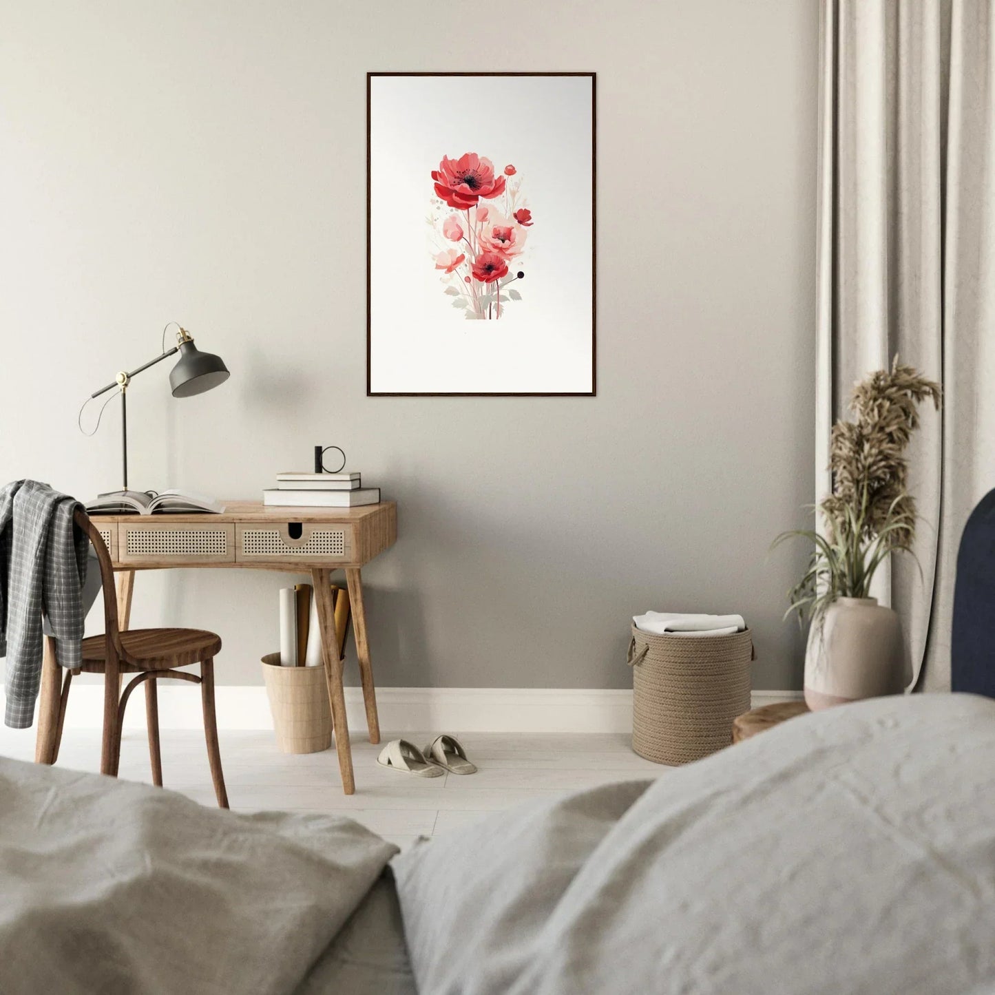 Framed watercolor painting of red and pink poppies for stylish room decoration