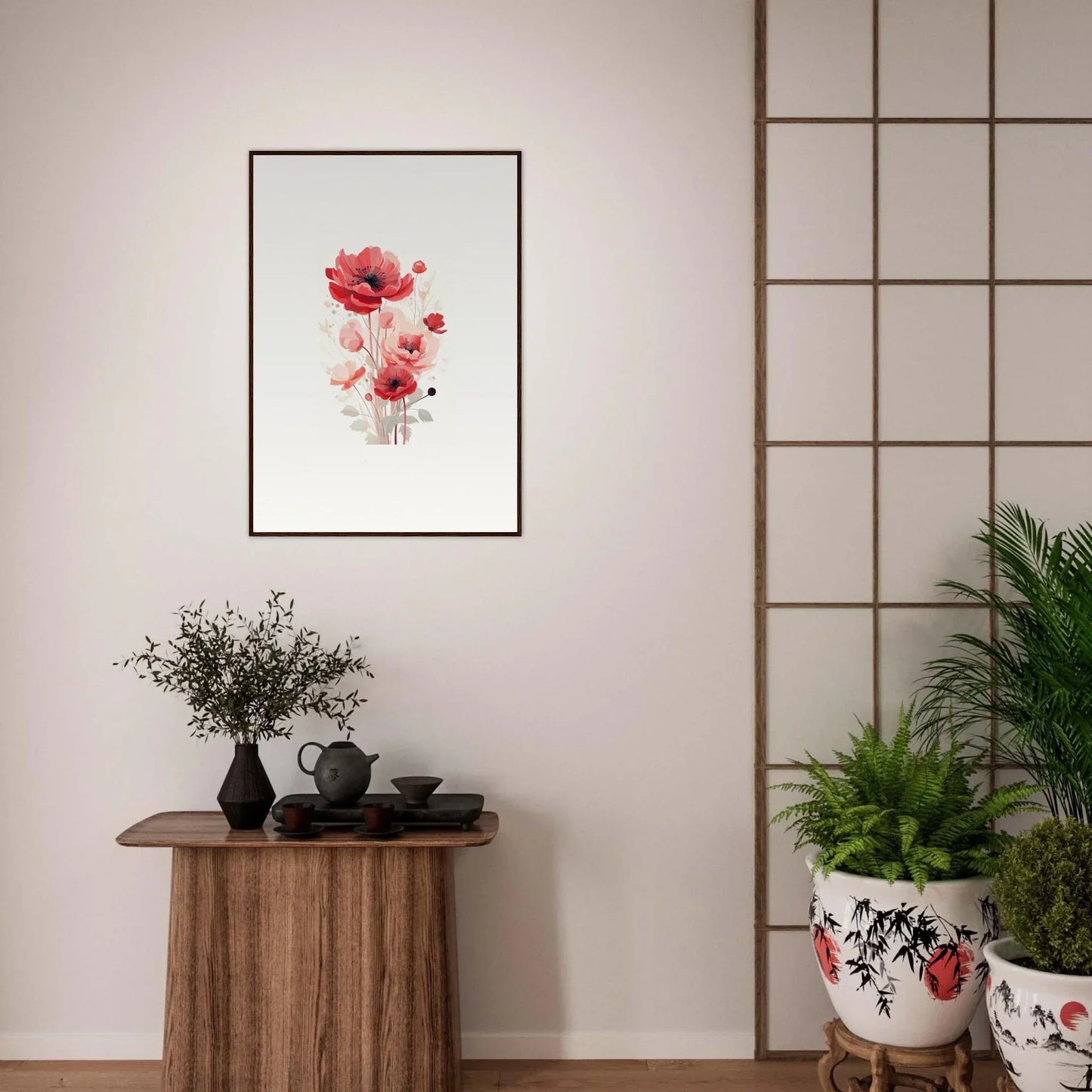 Framed watercolor painting of red poppies for stylish room decoration or canvas print