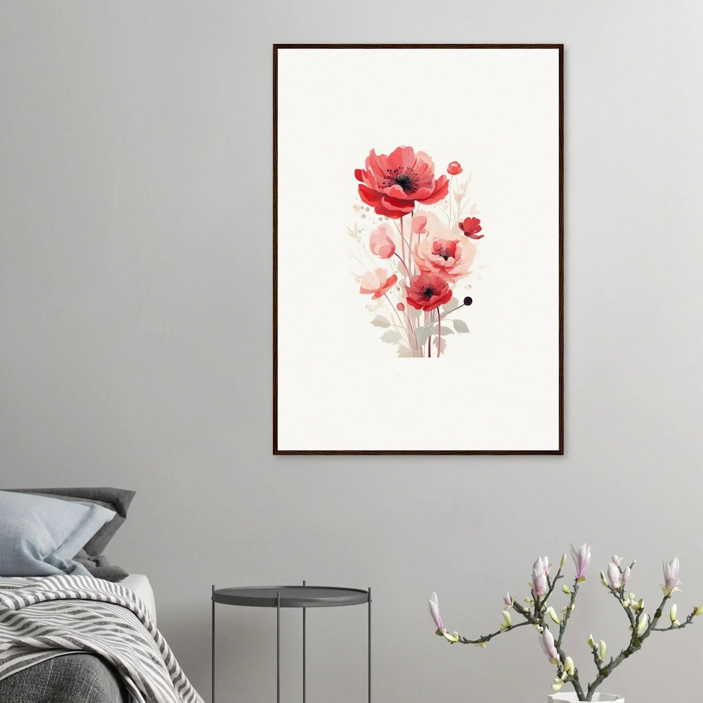 Framed watercolor painting of red poppies for stylish room decoration and Symphonic Floirana vibe
