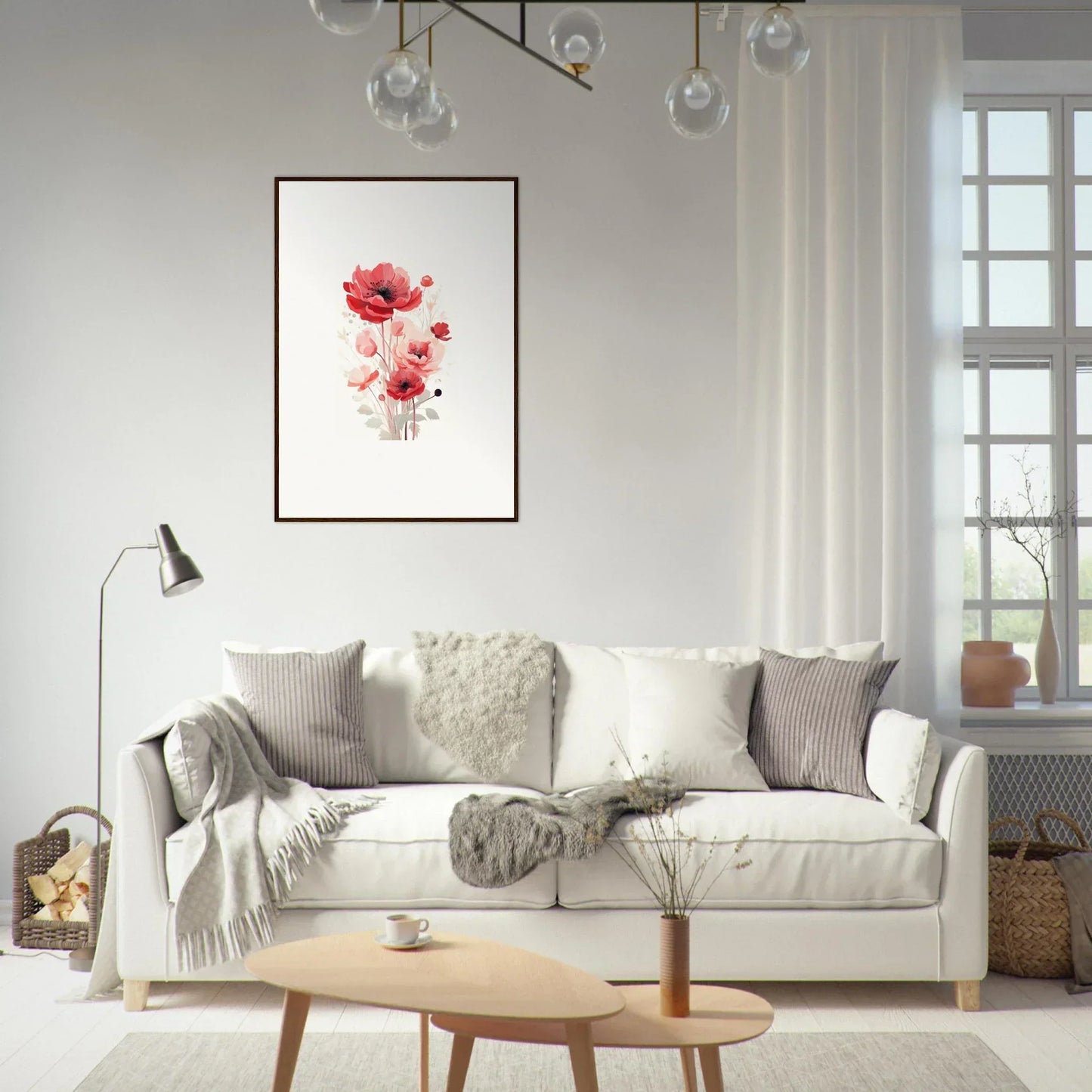 Cozy white sofa with throw pillows and blankets, perfect for room decoration with Symphonic Floirana