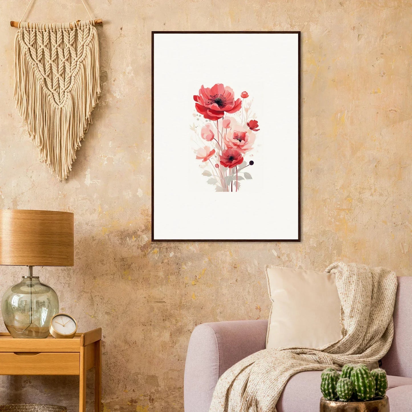 Framed watercolor painting of red poppies for stylish room decoration, Symphonic Floirana