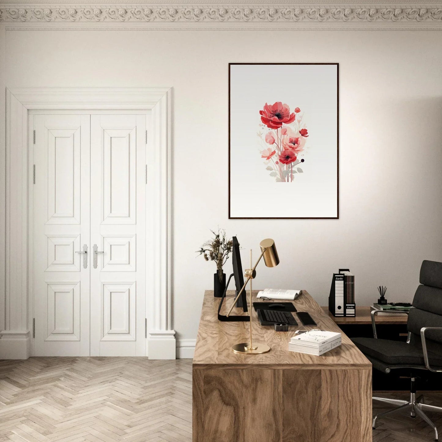 Elegant home office with a wooden desk and Symphonic Floirana canvas print decor