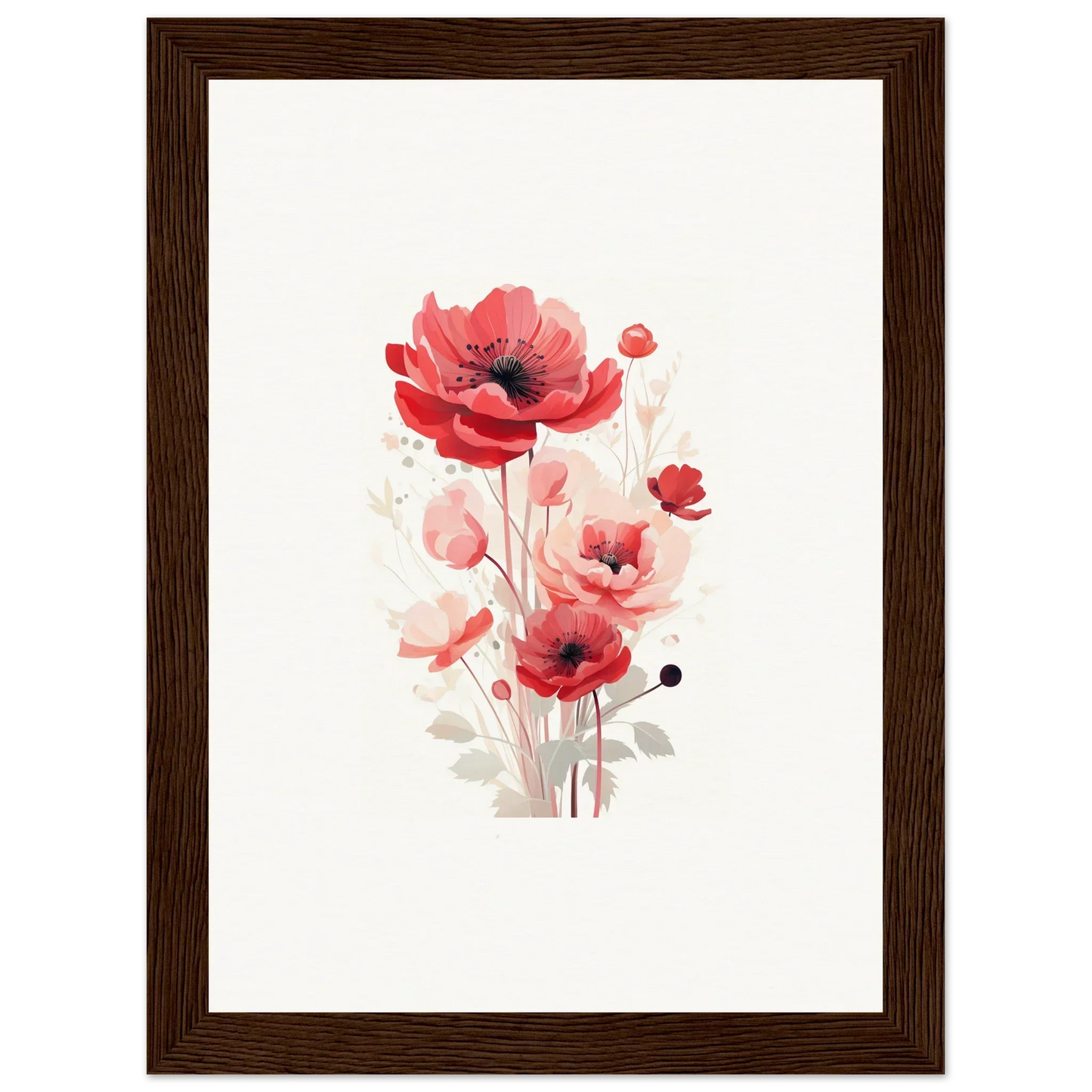 Watercolor red poppies in a brown frame, perfect for a Symphonic Floirana room decoration