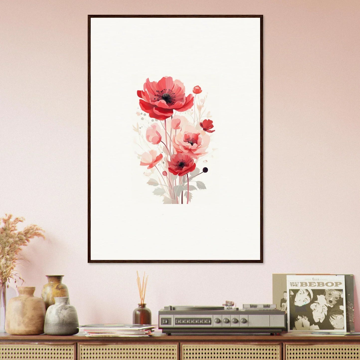 Framed watercolor of red poppies, perfect for your Symphonic Floirana room decoration