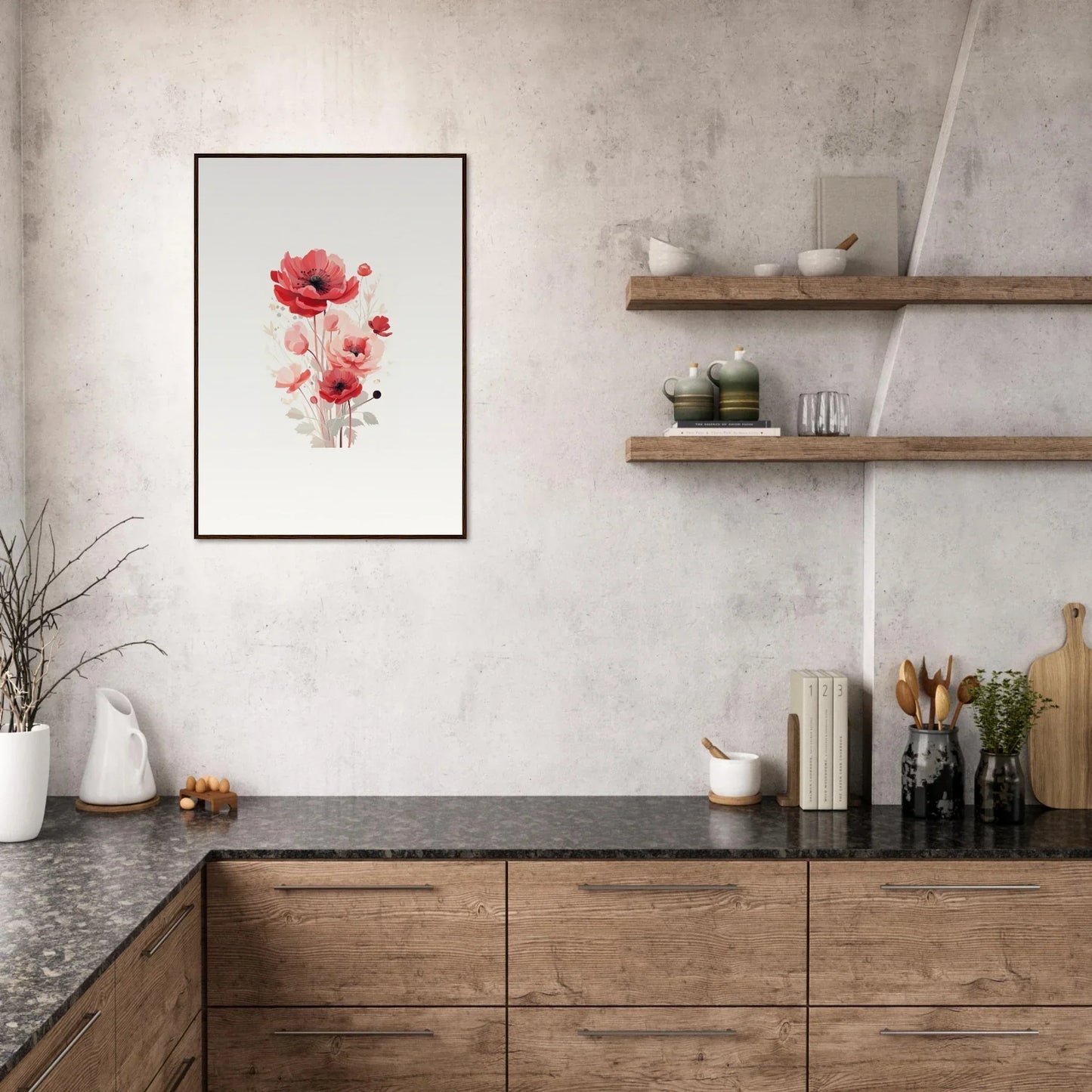 Cozy kitchen with wooden cabinets featuring a Symphonic Floirana canvas print