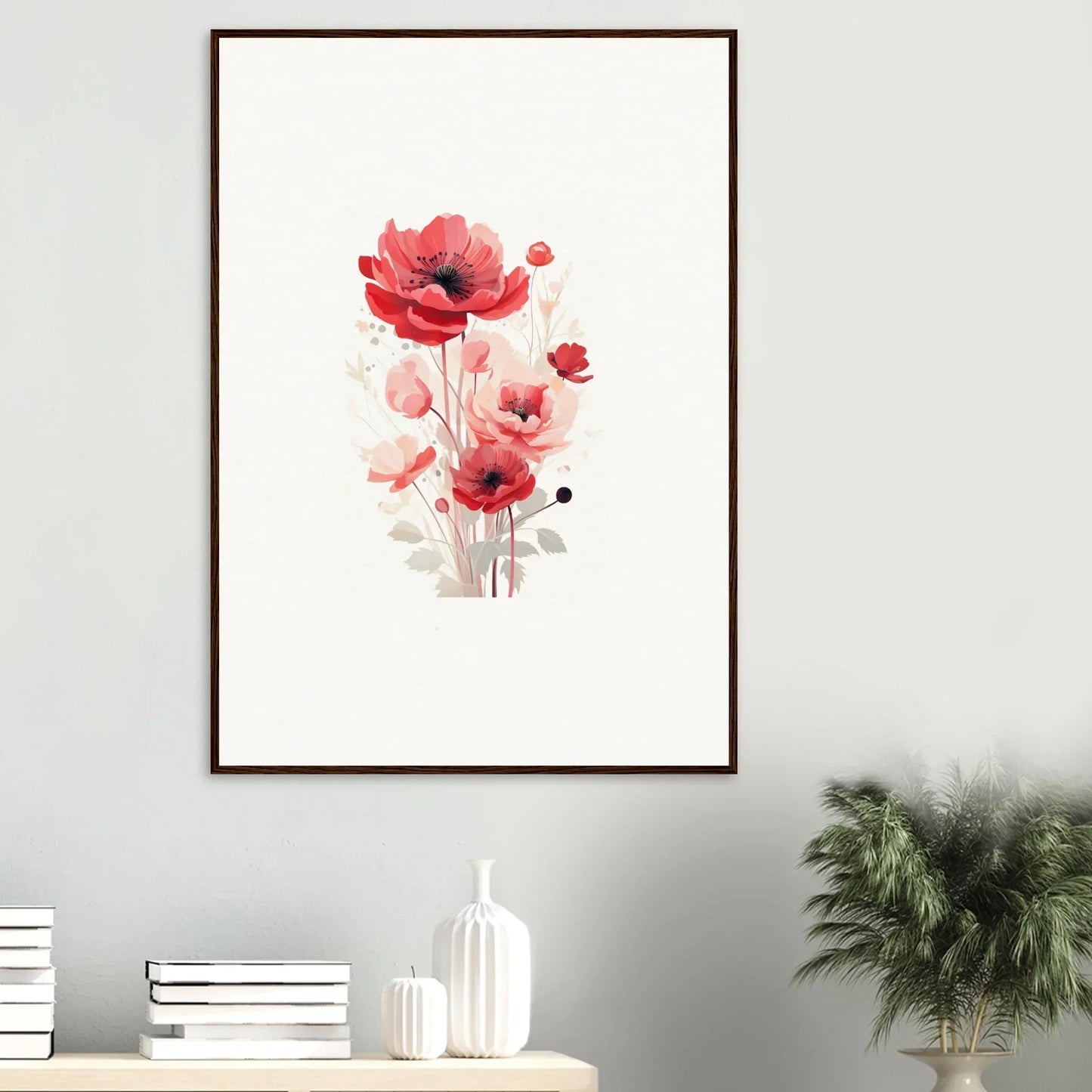 Framed watercolor painting of red and pink poppies for stylish room decoration