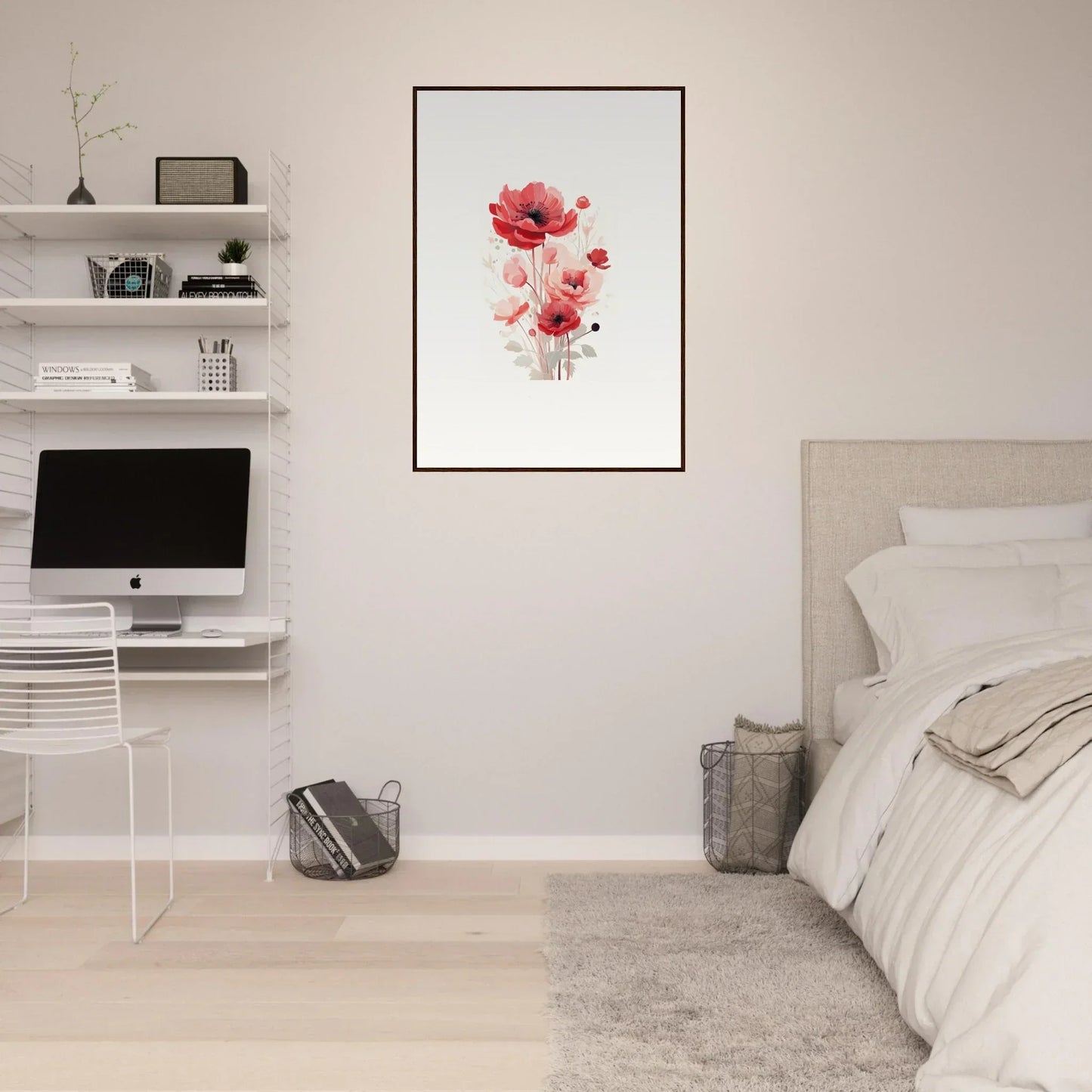Framed watercolor painting of red poppies for stylish room decoration, Symphonic Floirana