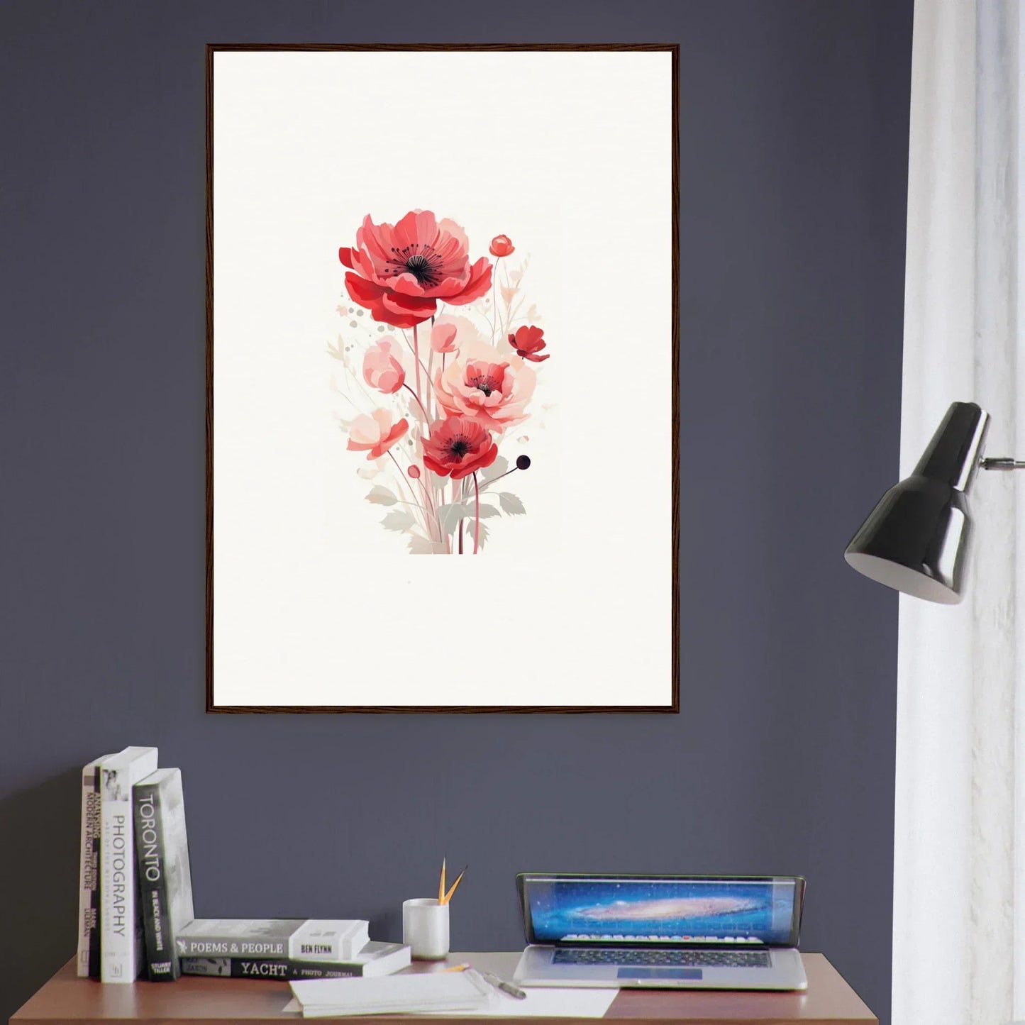 Framed watercolor painting of red and pink poppies for stylish room decoration