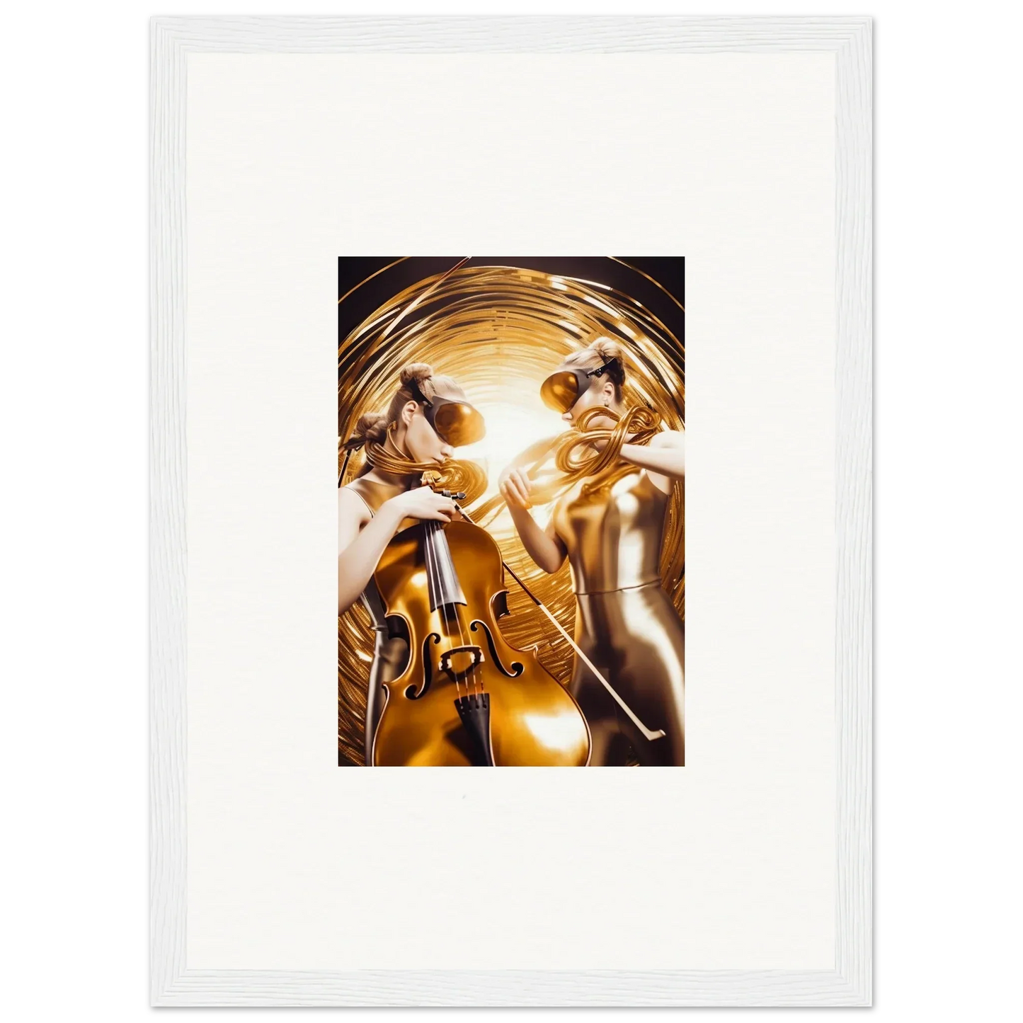 Framed wall art of golden figures with instruments in abstract cosmic etudes style
