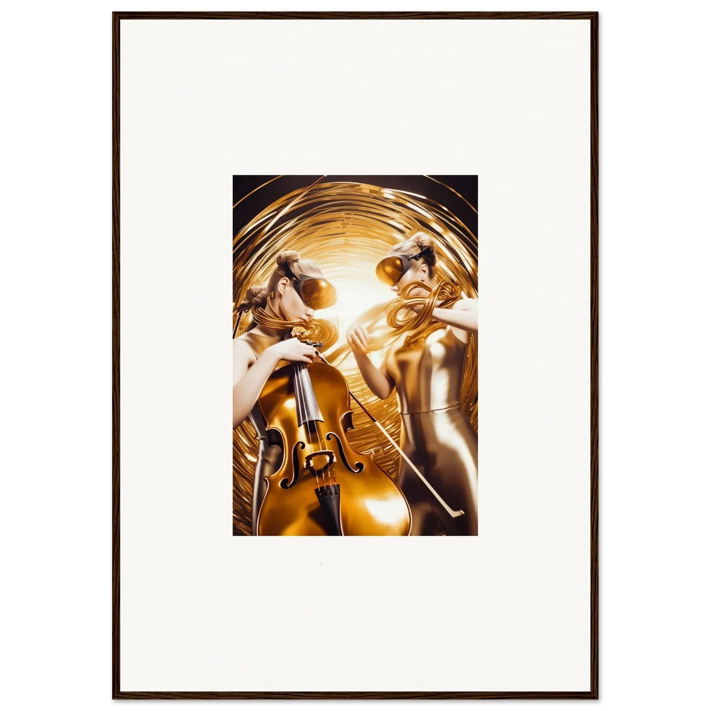 Framed wall art of golden figures with instruments in Cosmic Etudes design for room decor