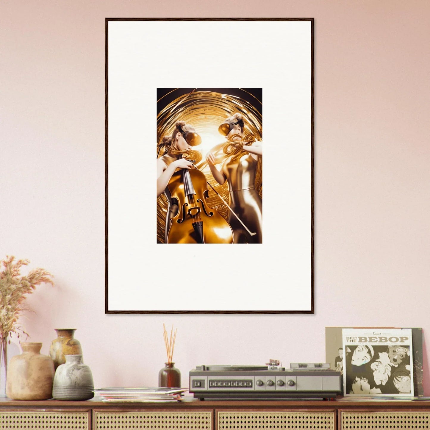 Framed wall art featuring golden abstract human figures from Cryonic Cosmic Etudes