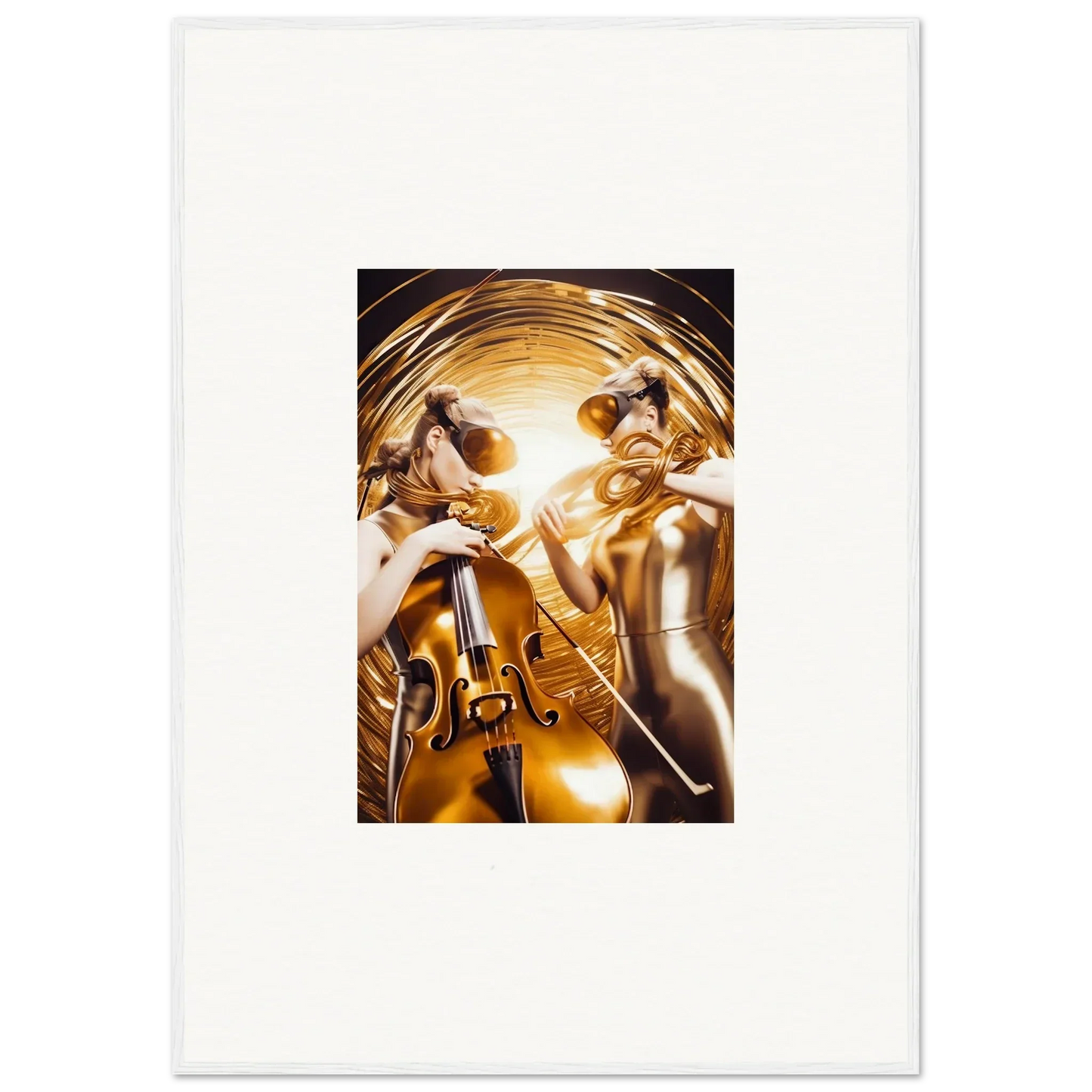 Surrealist nude figures with a violin in golden tones, ideal for cosmic etudes room decor