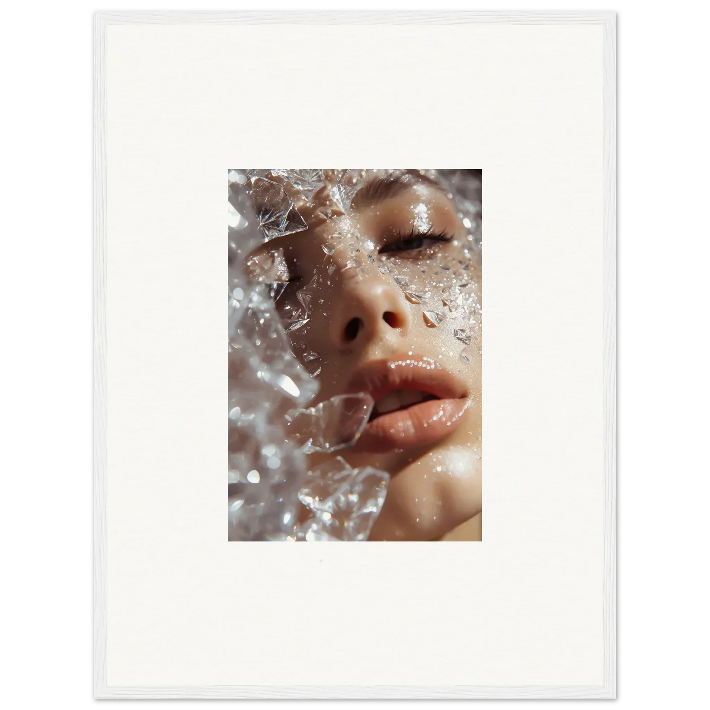 Close-up of a person’s face with water droplets, part of Crystal Whispering Dreamer wall art