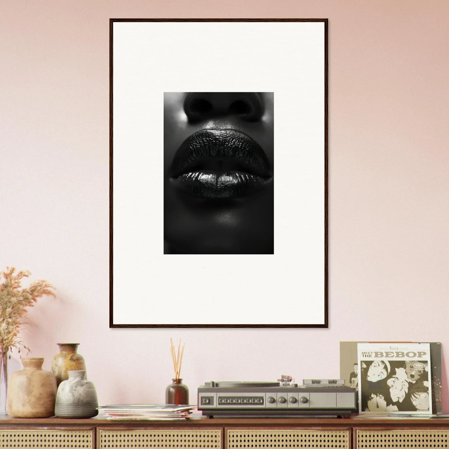Framed black and white canvas print of glossy lips with water droplets for room decoration