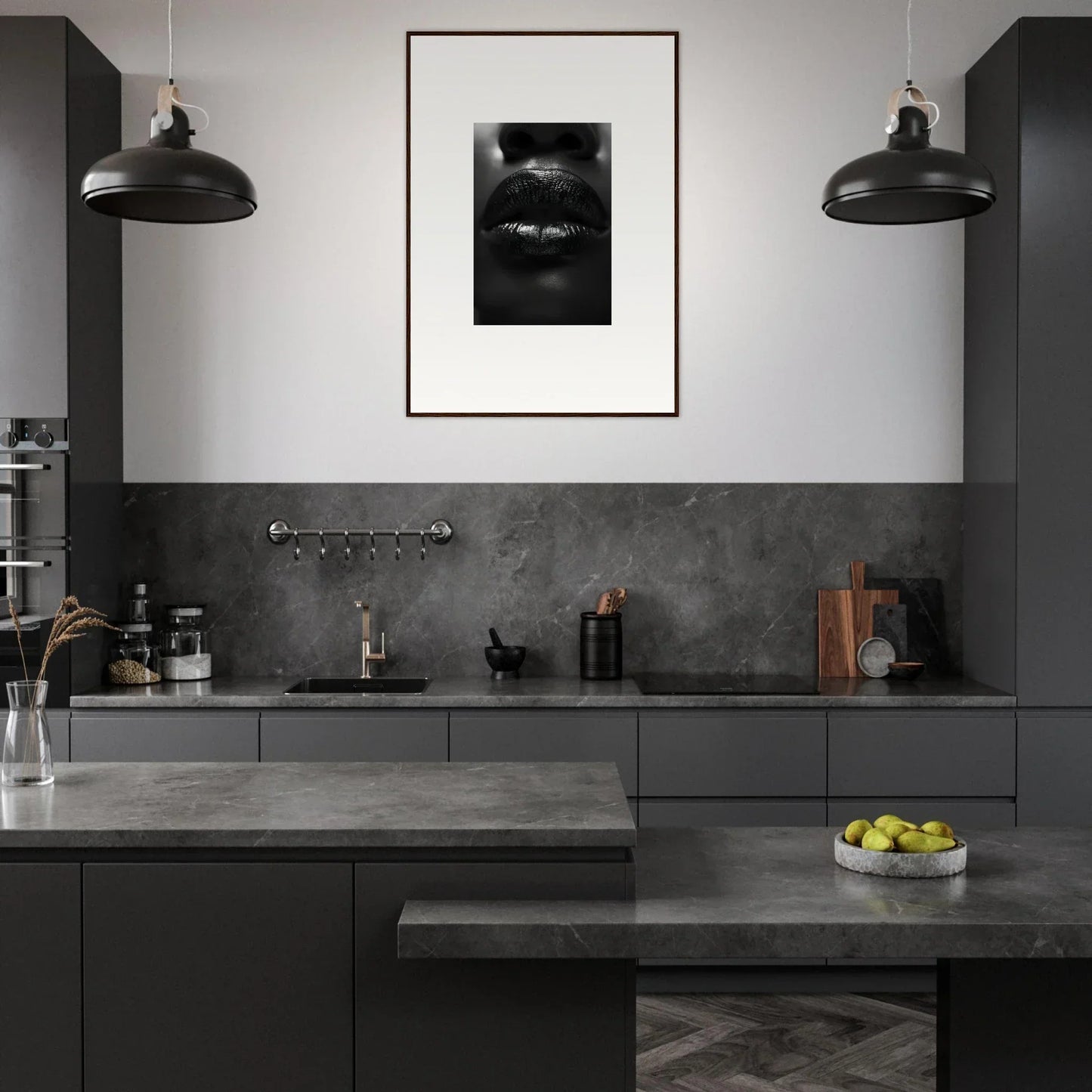 Modern monochromatic kitchen with sleek dark cabinetry, perfect for Liquid Kisses canvas print