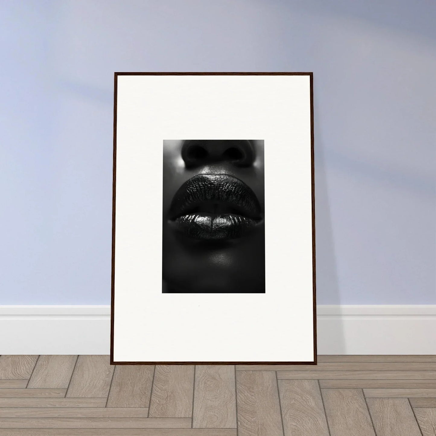 Framed black-and-white canvas print of glossy lips for stylish room decoration with Liquid Kisses
