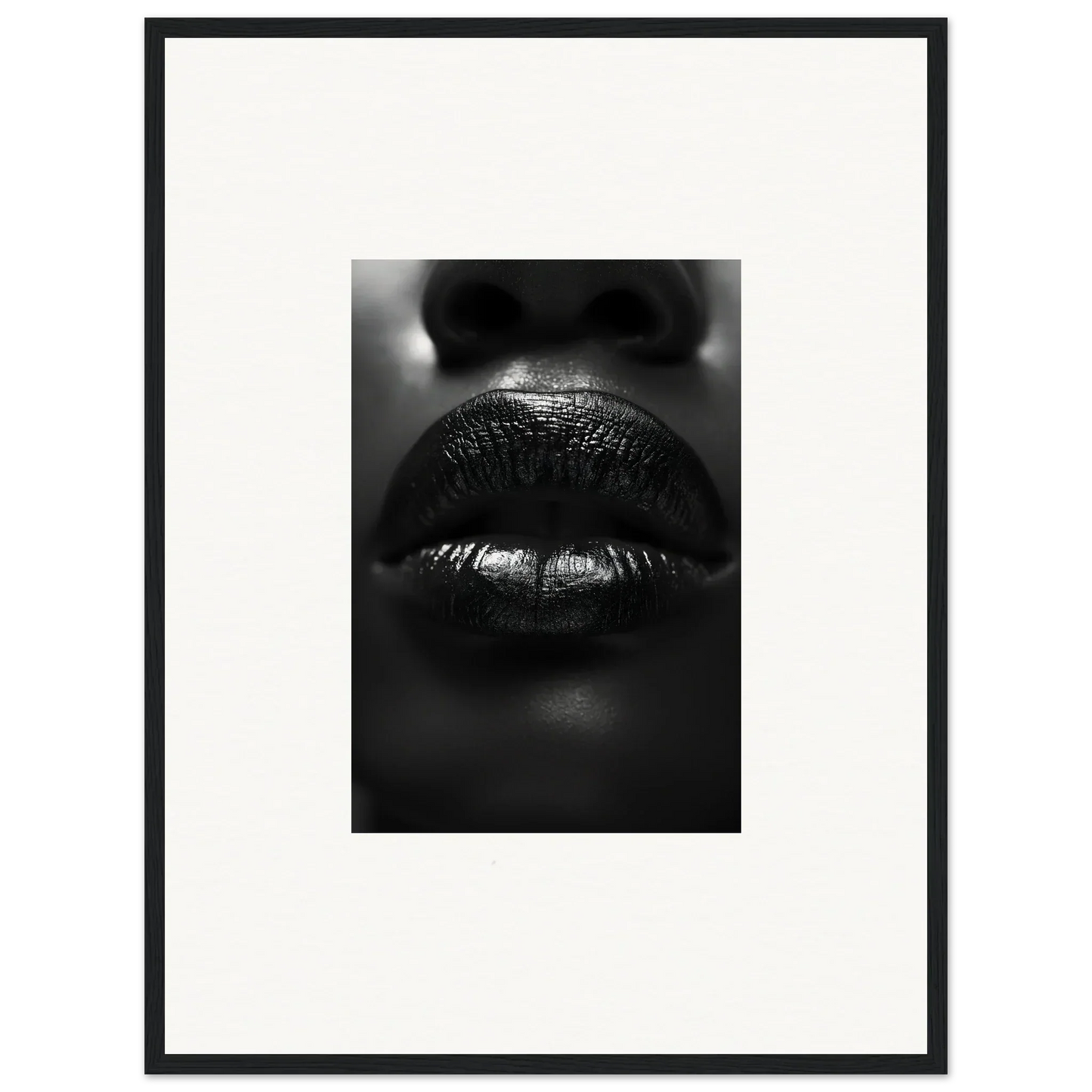 Close-up black and white photo of glossy lips for Liquid Kisses canvas print decor