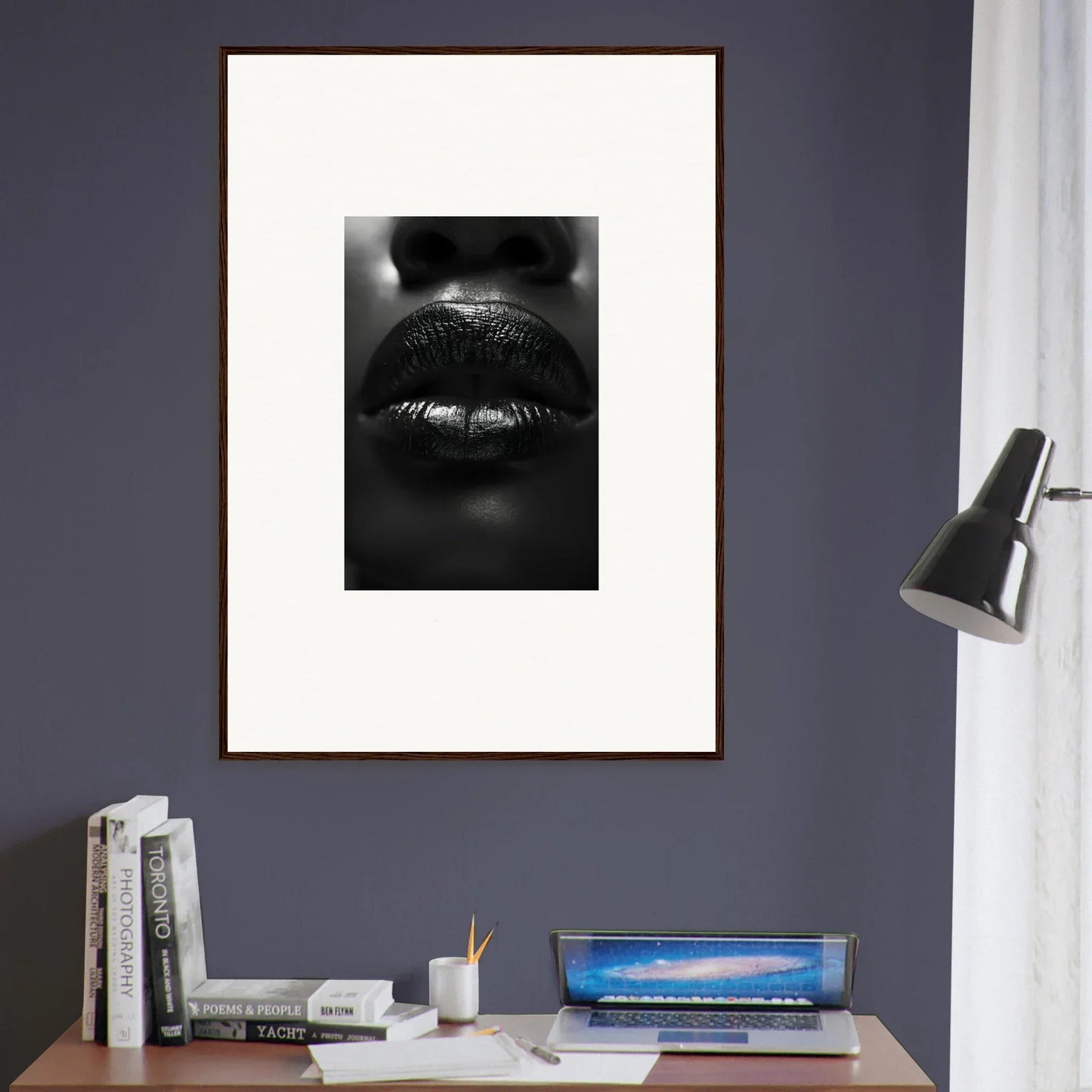 Framed black and white canvas print of glossy lips for stylish room decoration