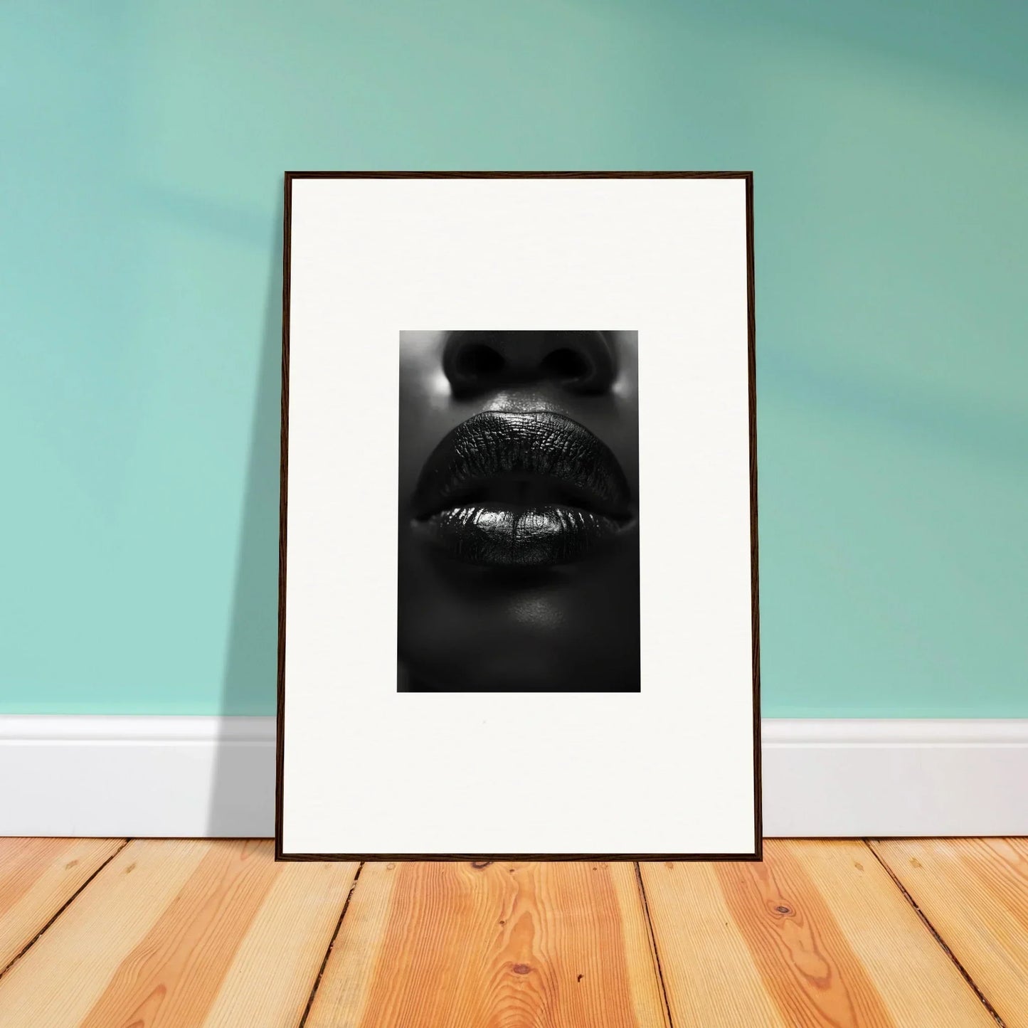 Framed black and white canvas print of lips with water droplets for stylish room decoration