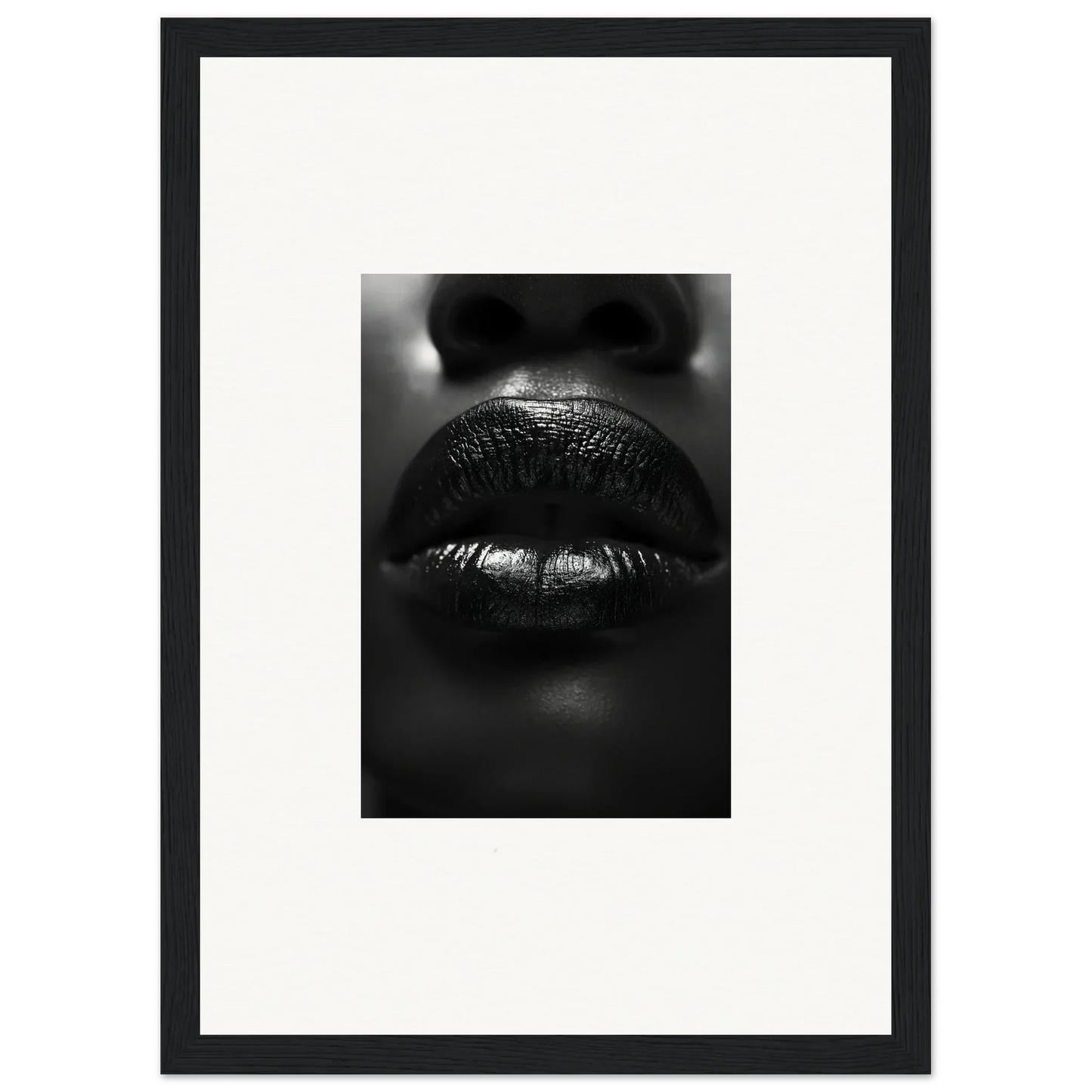 Close-up black and white photo of glossy lips for stylish room decoration with Liquid Kisses