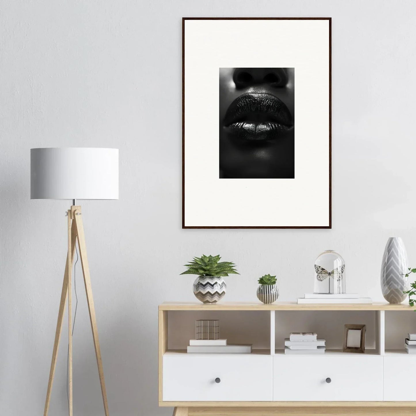 Stylish black and white canvas print of glossy lips for chic room decoration