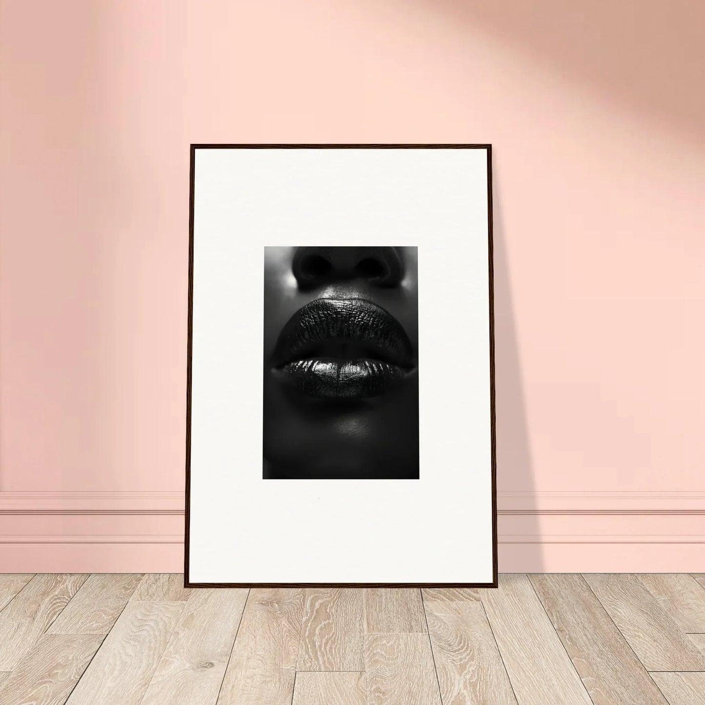 Framed black and white canvas print of glittery lips for stylish room decoration