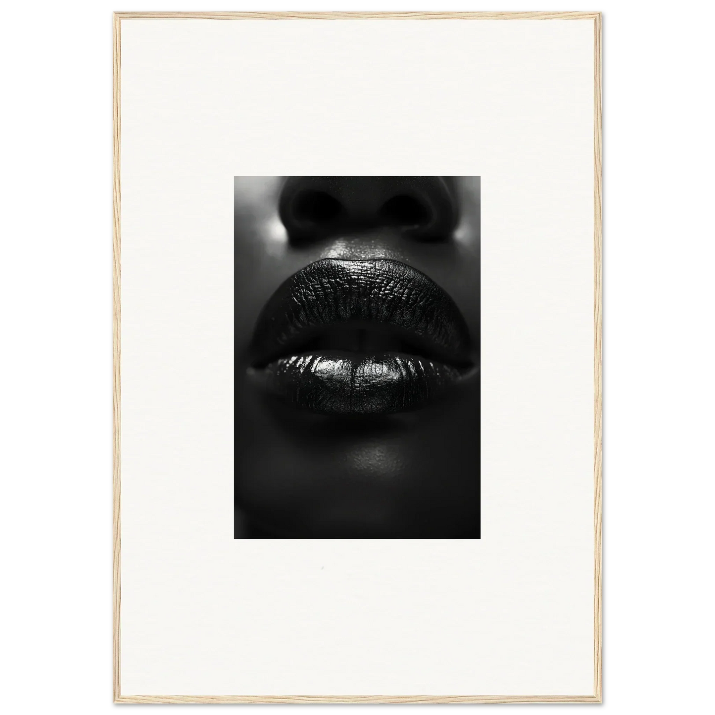 Close-up black and white photo of glossy lips for Liquid Kisses canvas print decor