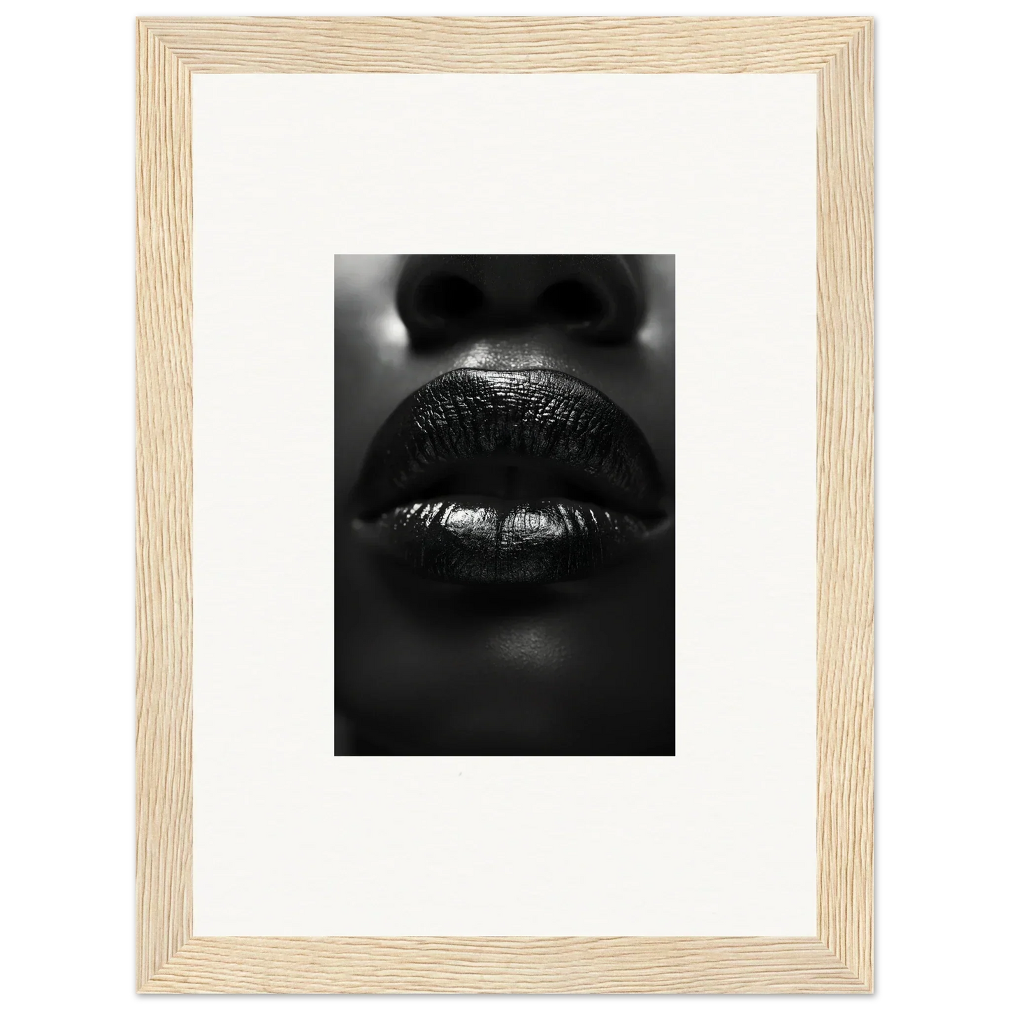 Close-up black and white glossy lips from Liquid Kisses canvas print for stylish room decoration