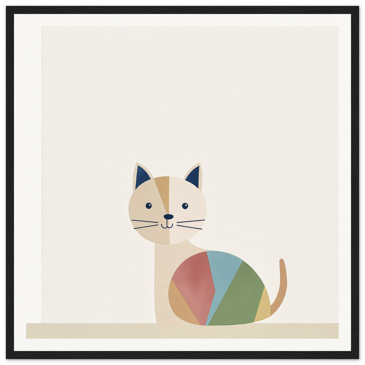 Minimalist illustration of a curious cat with a colorful geometric pattern on its body